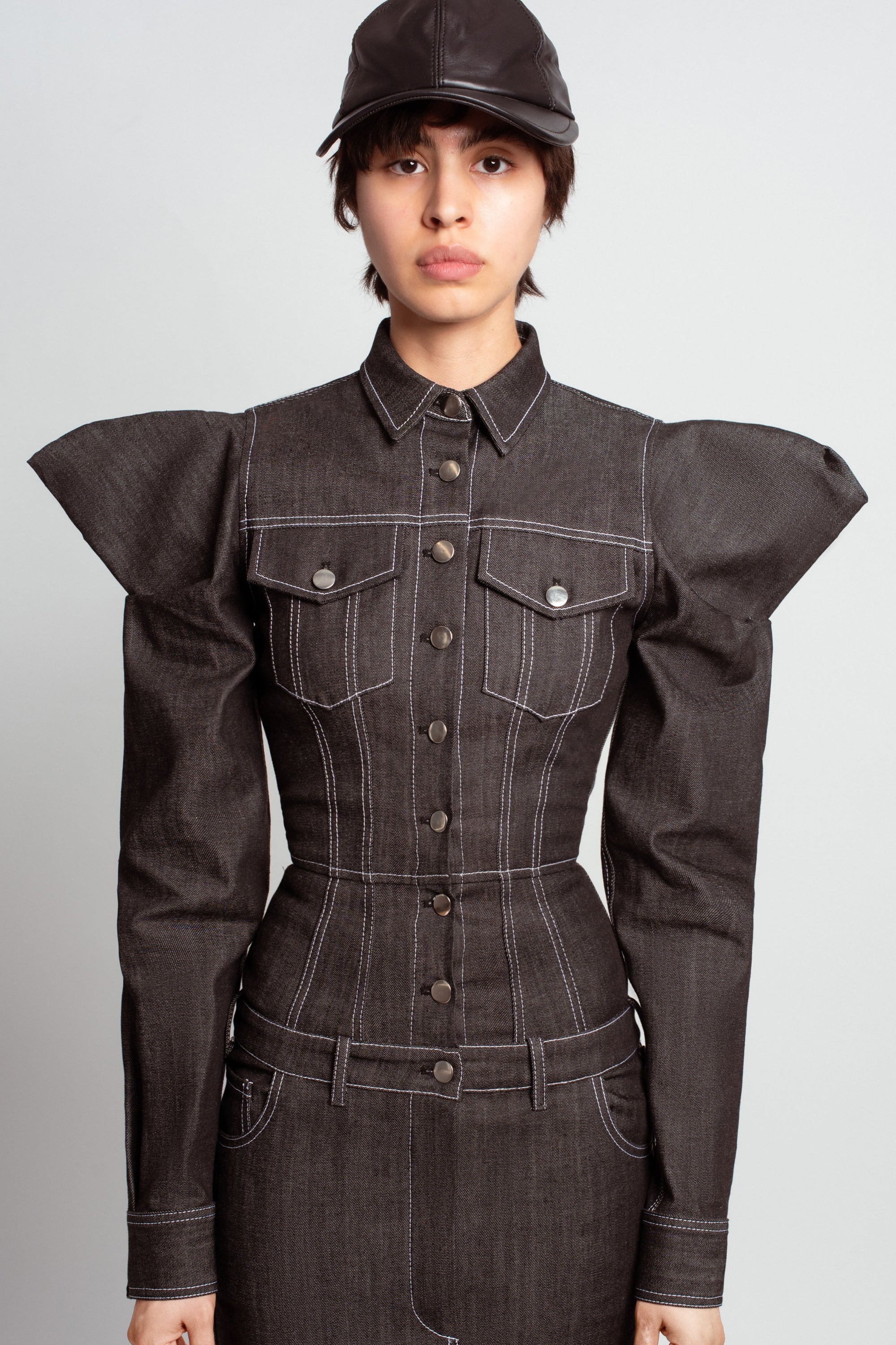 Midnight blue denim dress puff shoulder detail