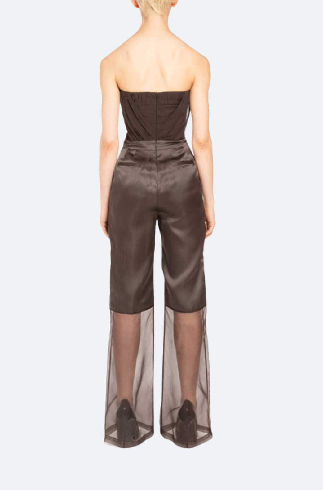 Back view mink silk strapless jumpsuit with zipper