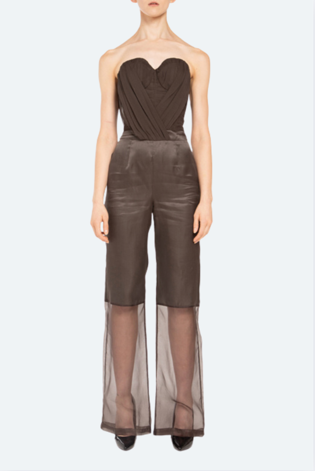 Front view mink silk jumpsuit with draped bustier and sheer organza legs
