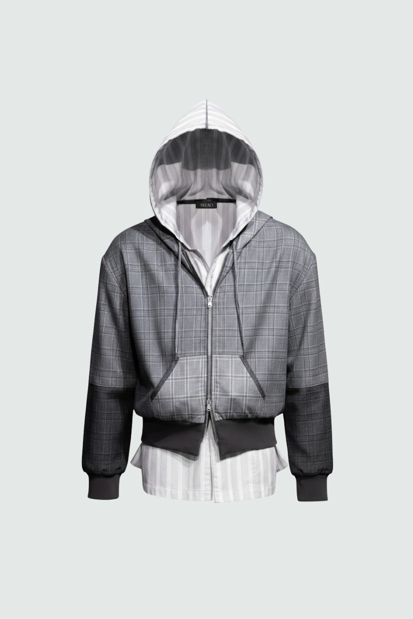 Multi-panel check hooded bomber jacket front view