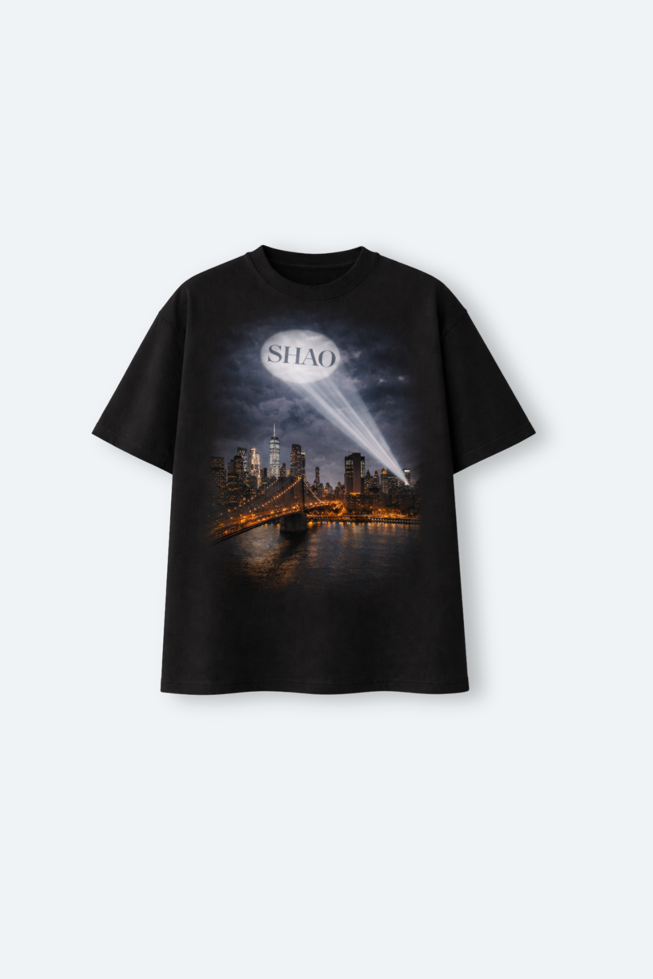 Tailory SHAO black Gotham skyline graphic boxy T-shirt detail view