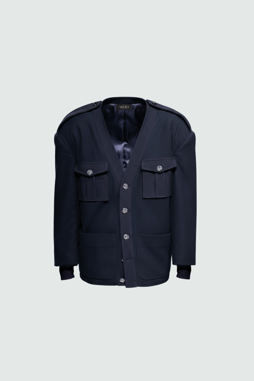 SHAO Navy Military-Style Utility Jacket structured front view