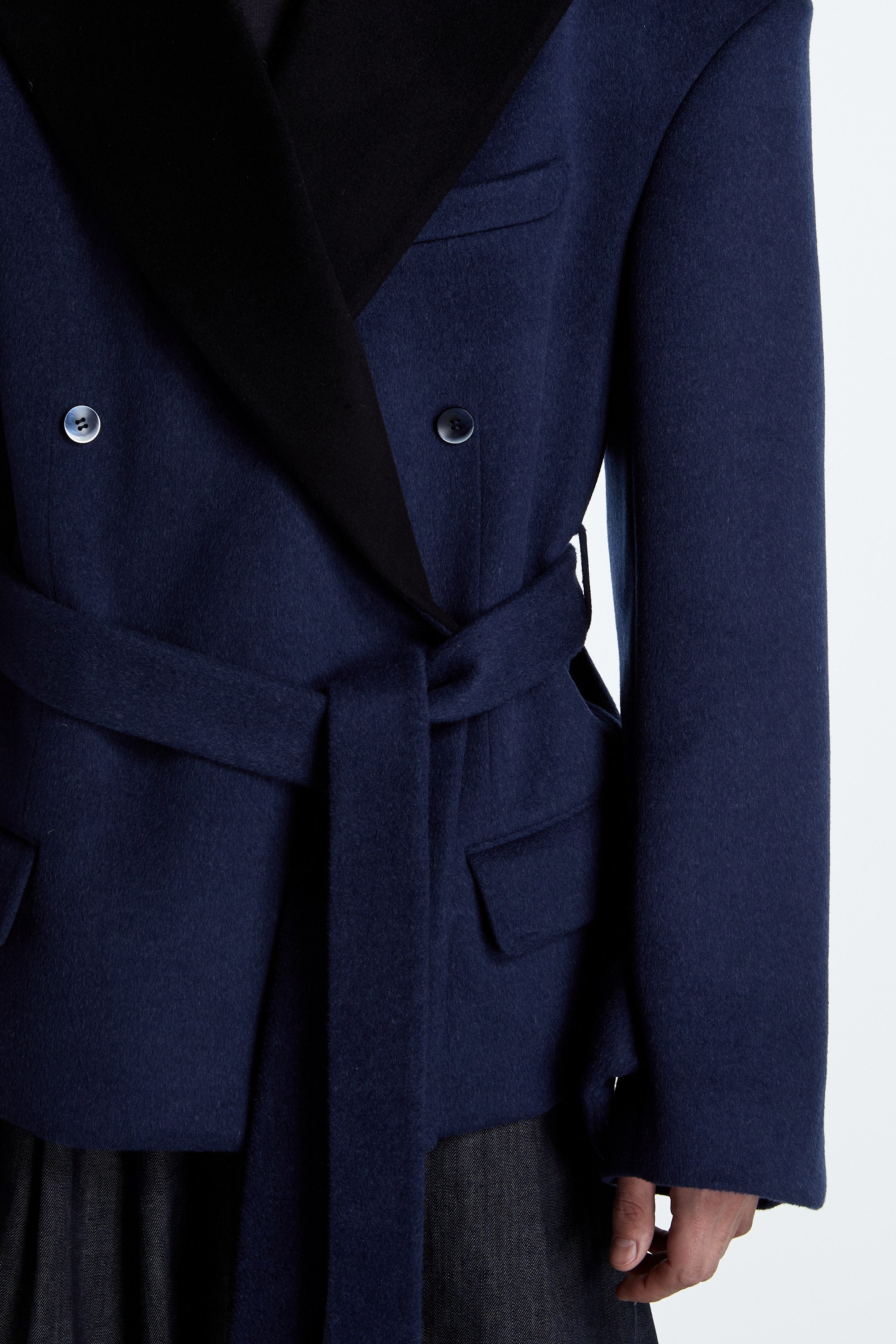 SHAO midnight sapphire oversized coat detail view