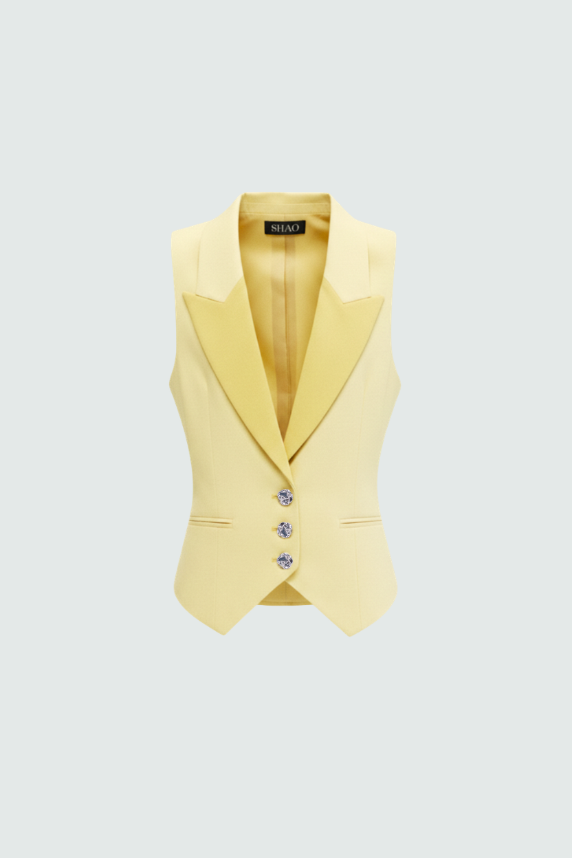 SHAO pale yellow tailored vest with crystal buttons front view