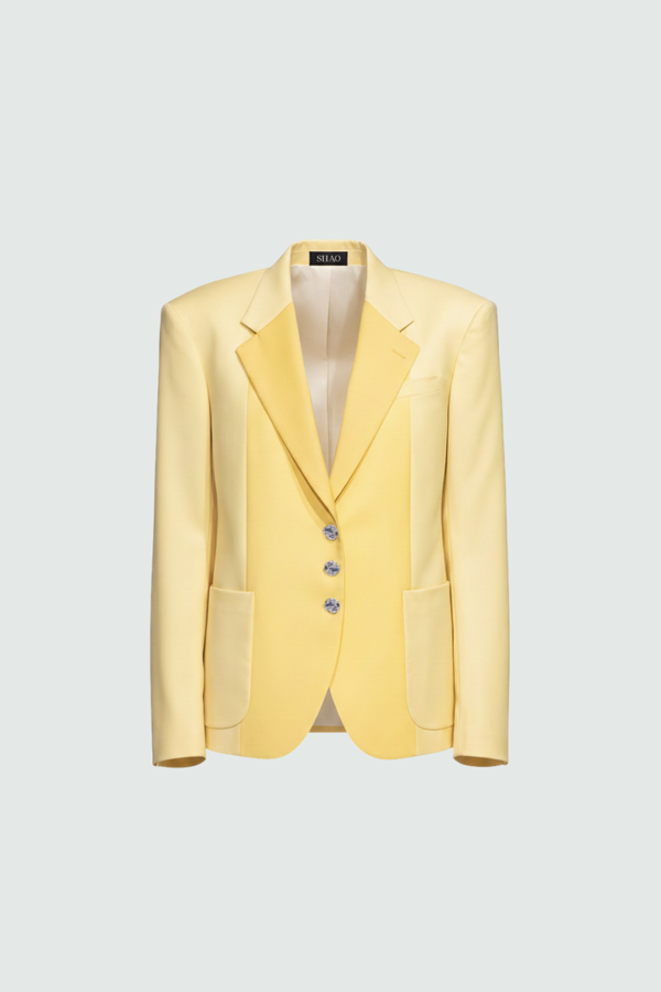 Pale Yellow Tailored Blazer with peak lapels front view