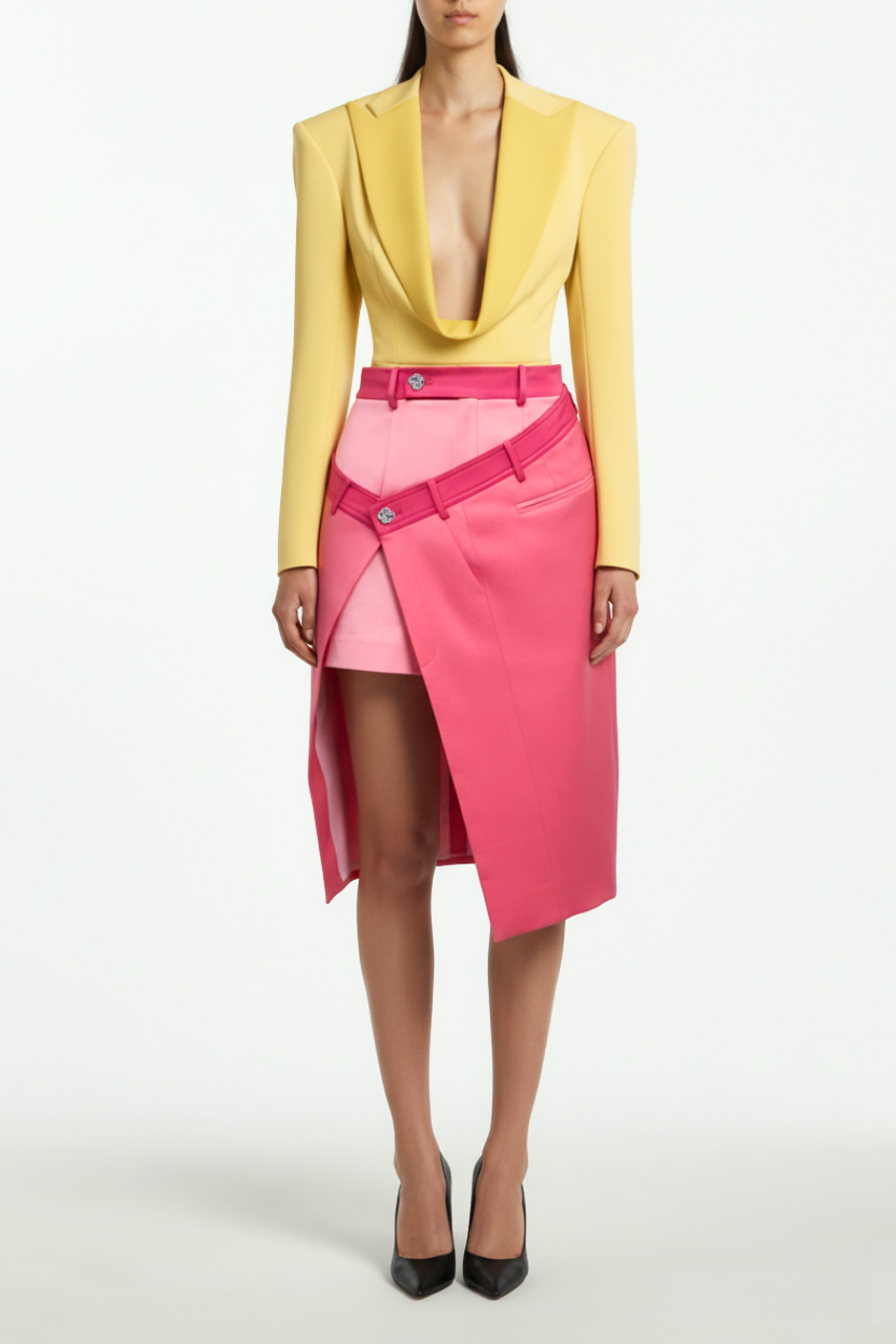 SHAO pink double-wrapped mini skirt with sculptural drape front view