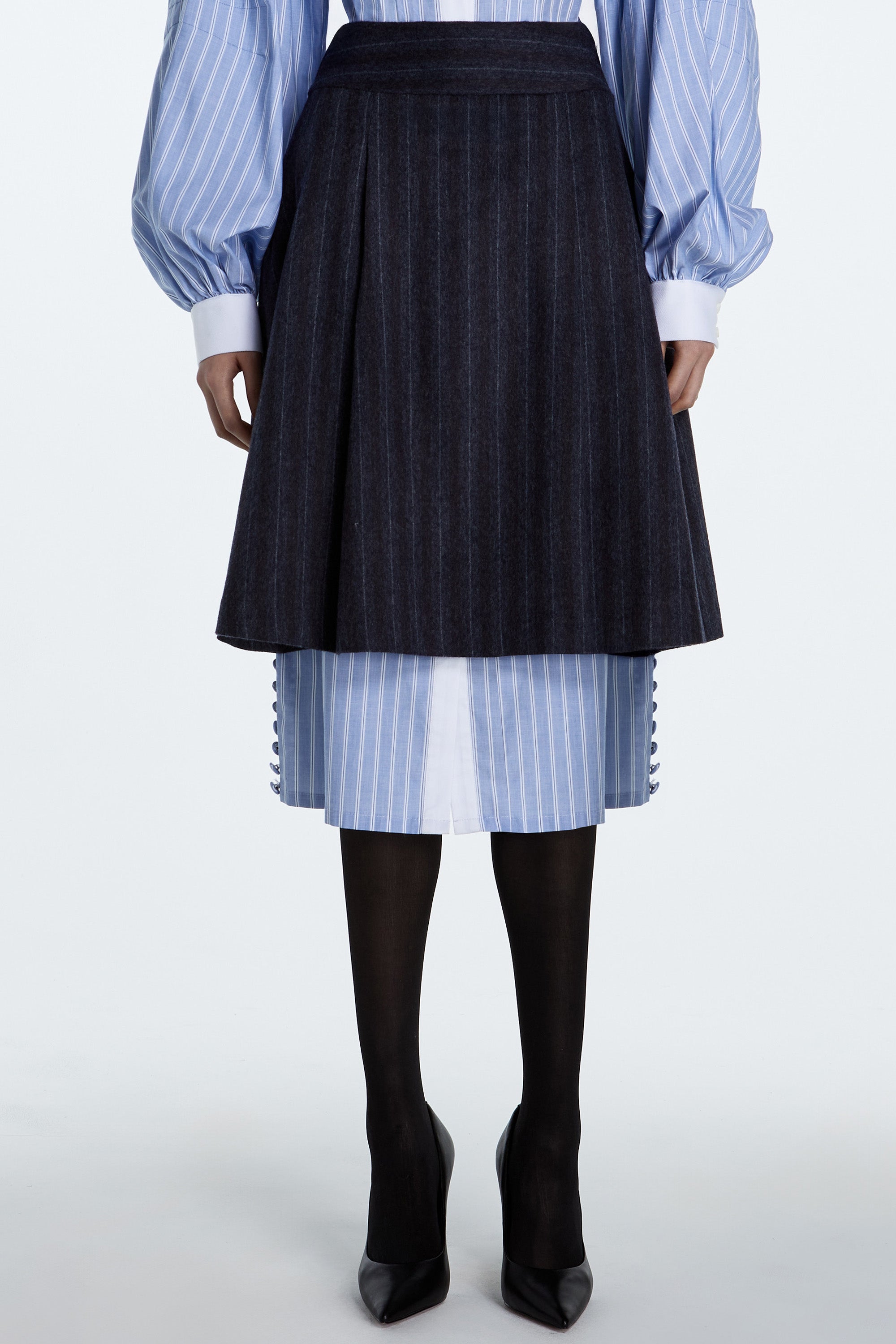 SHAO charcoal pinstripe pleated skirt detail view