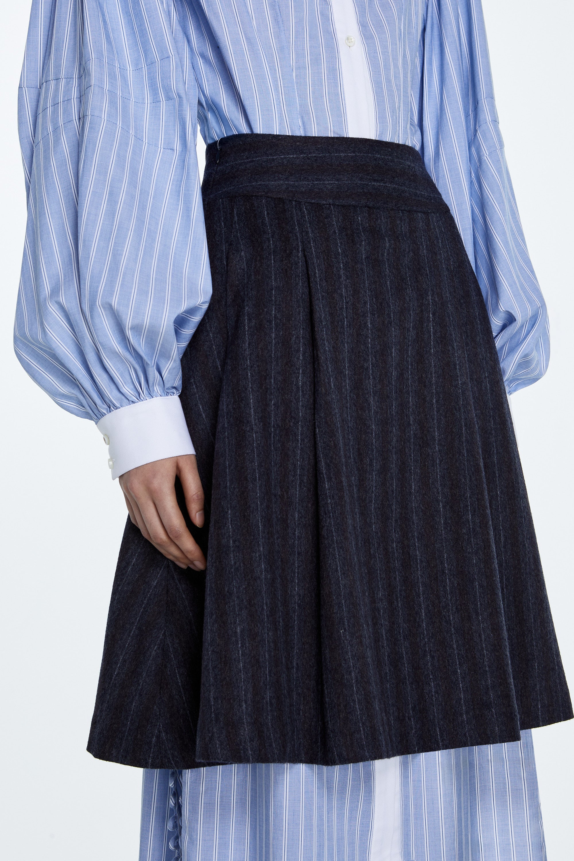 SHAO charcoal pinstripe pleated skirt detail view