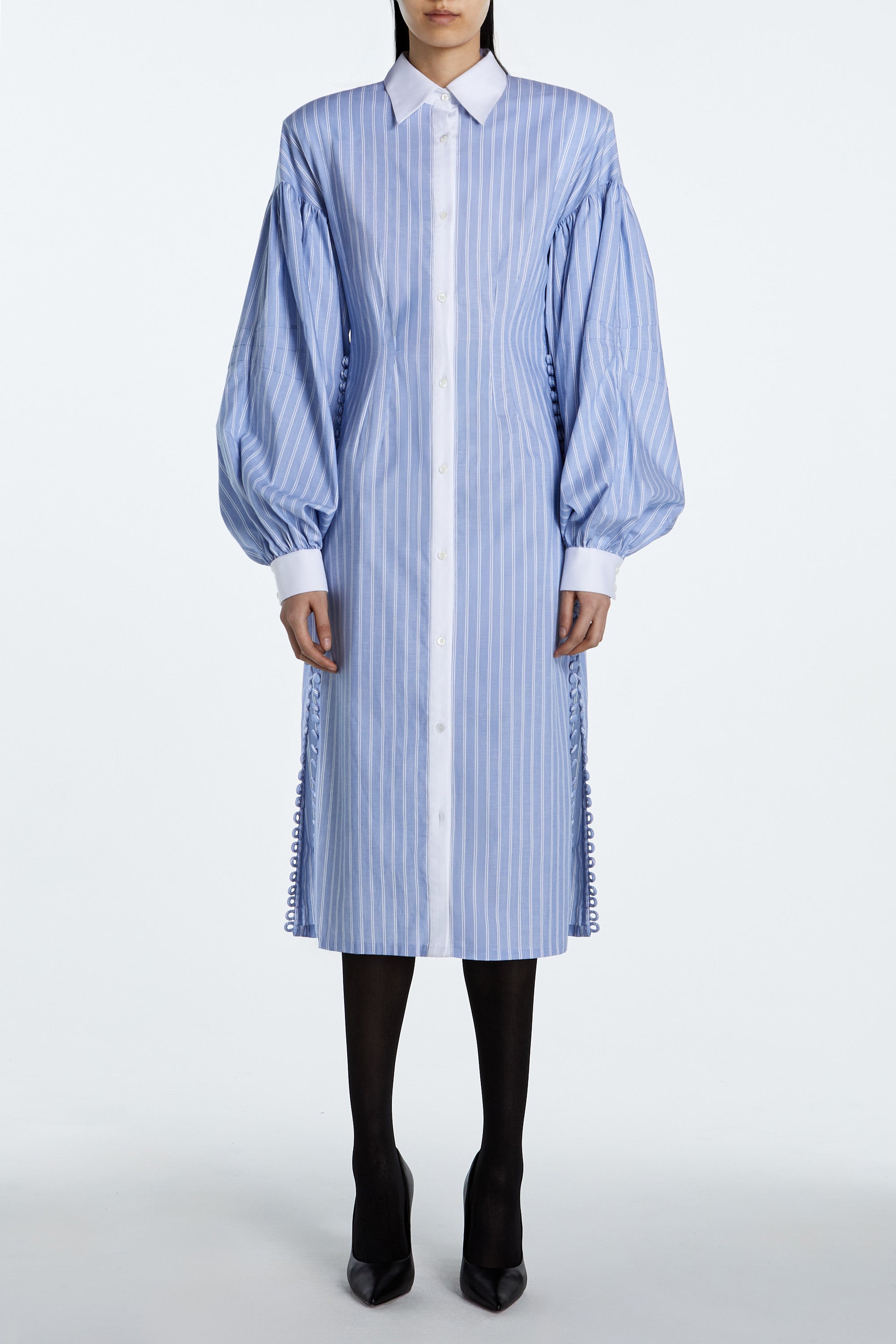 SHAO light blue striped balloon sleeve shirt dress front view