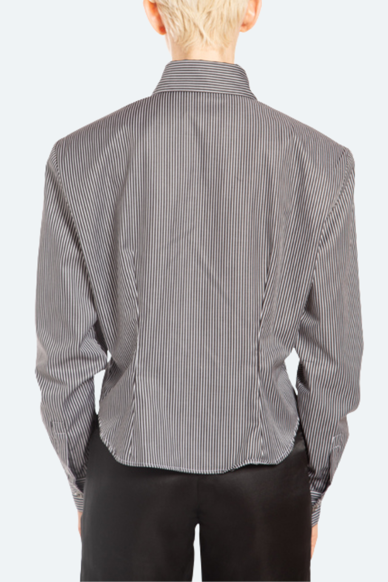 Back view of gray pinstripe shirt with voluminous sleeves and clean seaming