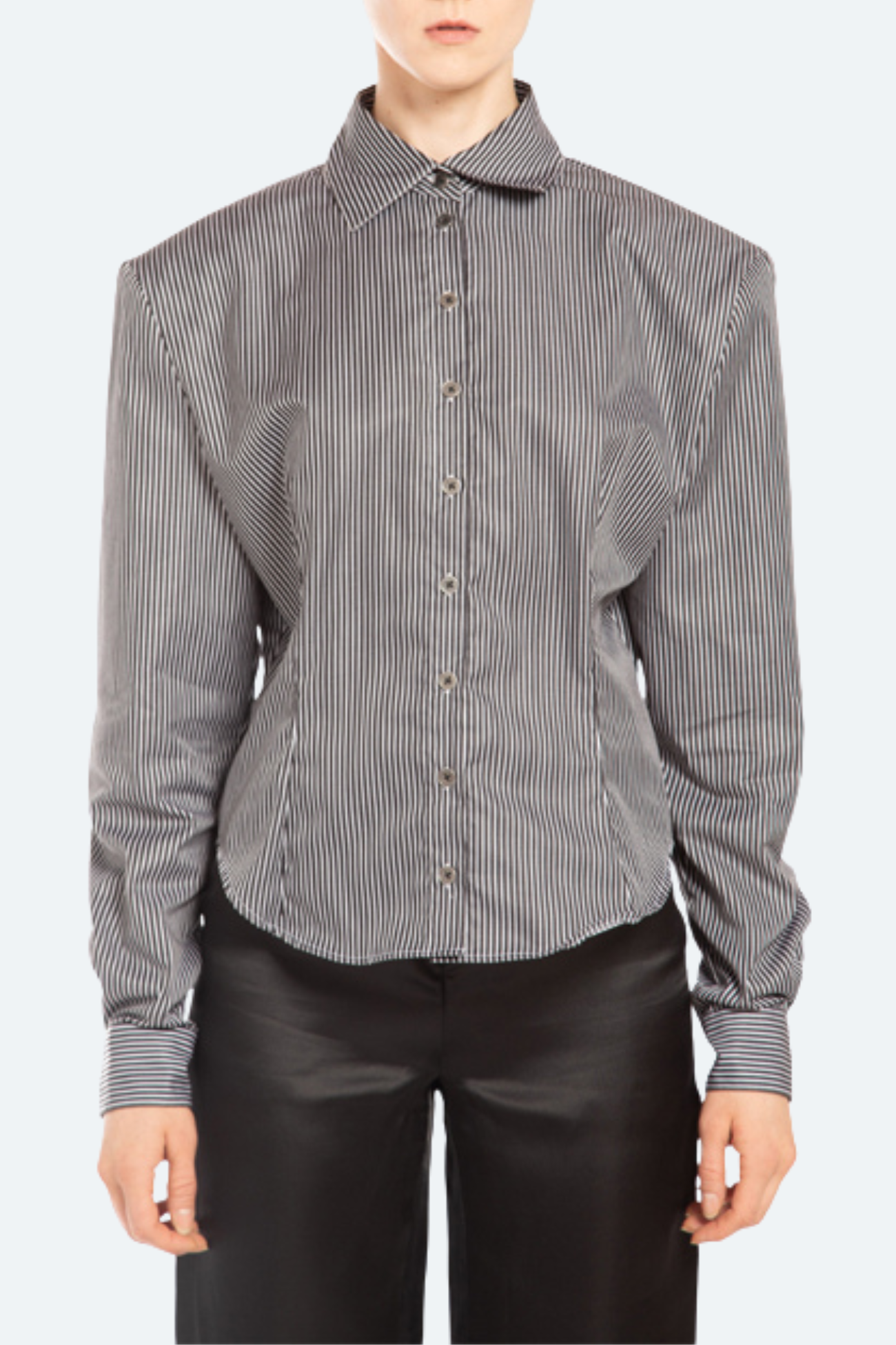 Front view of gray pinstripe shirt with balloon sleeves and exaggerated pointed collar
