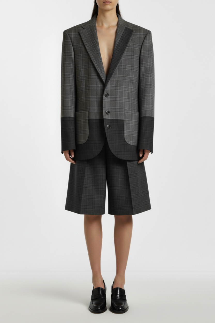 SHAO Split Decision Bermuda shorts in grey and black check tailoring