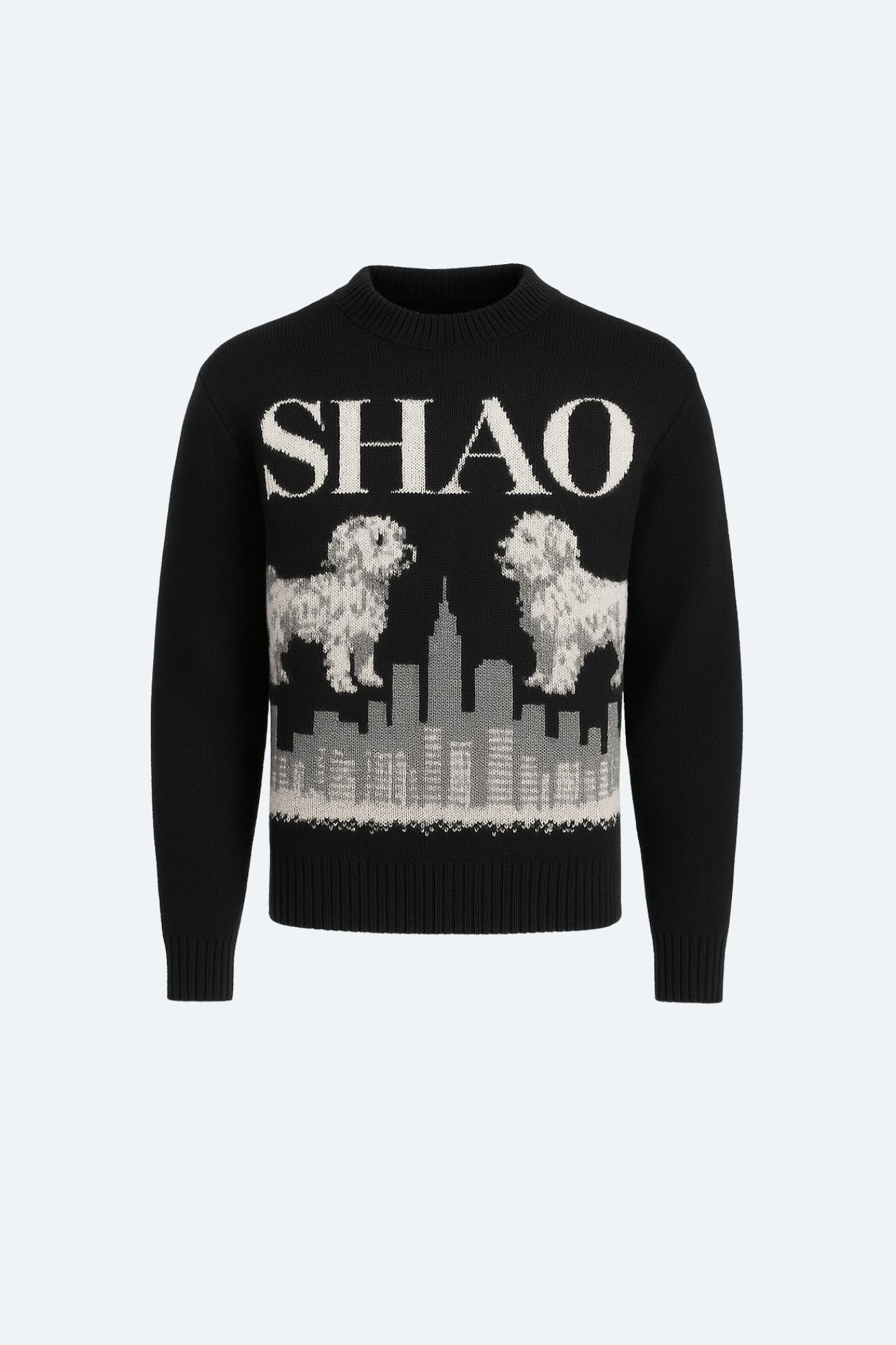 SHAO black graphic intarsia knit sweater front view