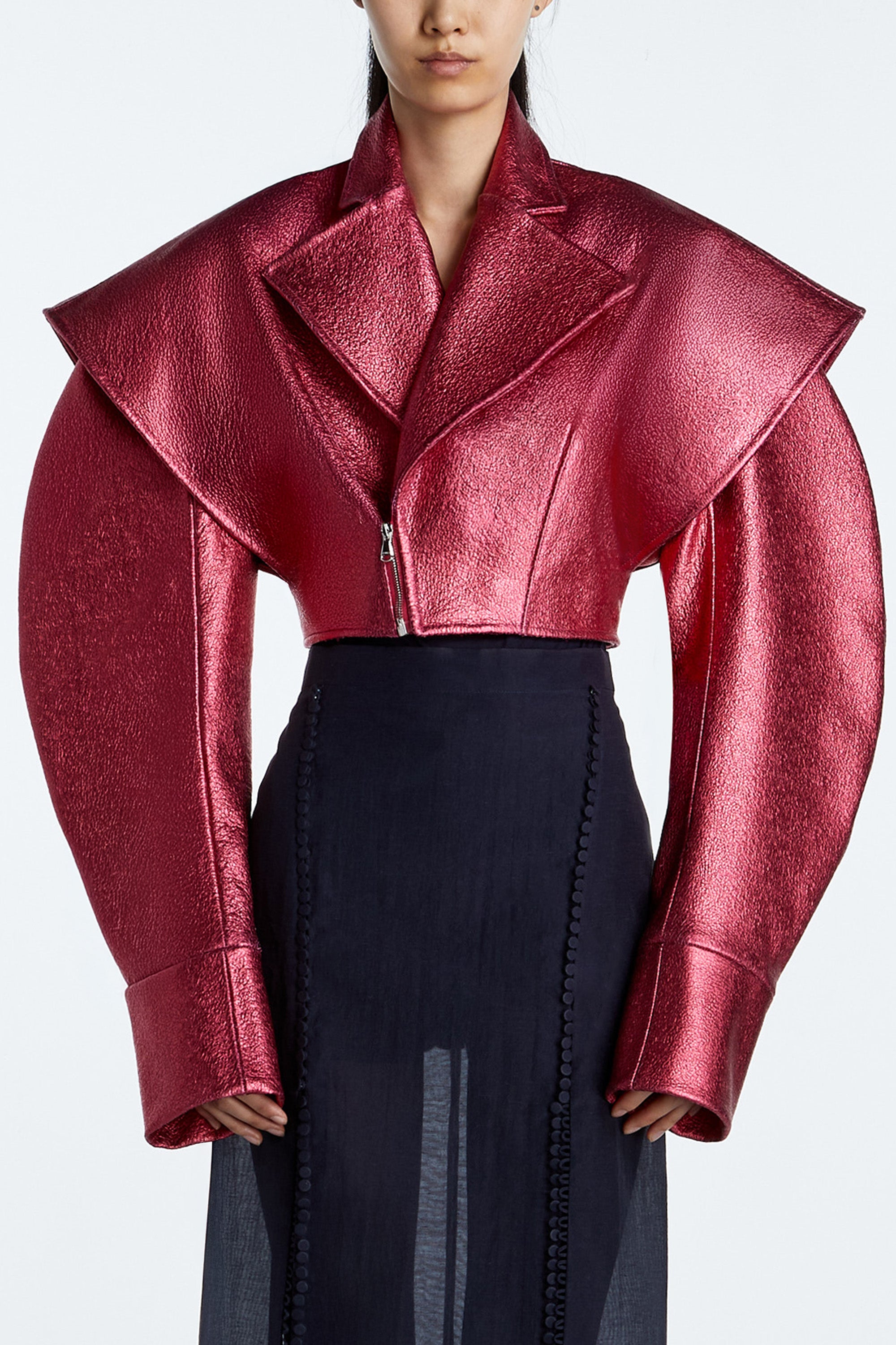SHAO tourmaline pink cropped leather jacket with oversized proportions angled view