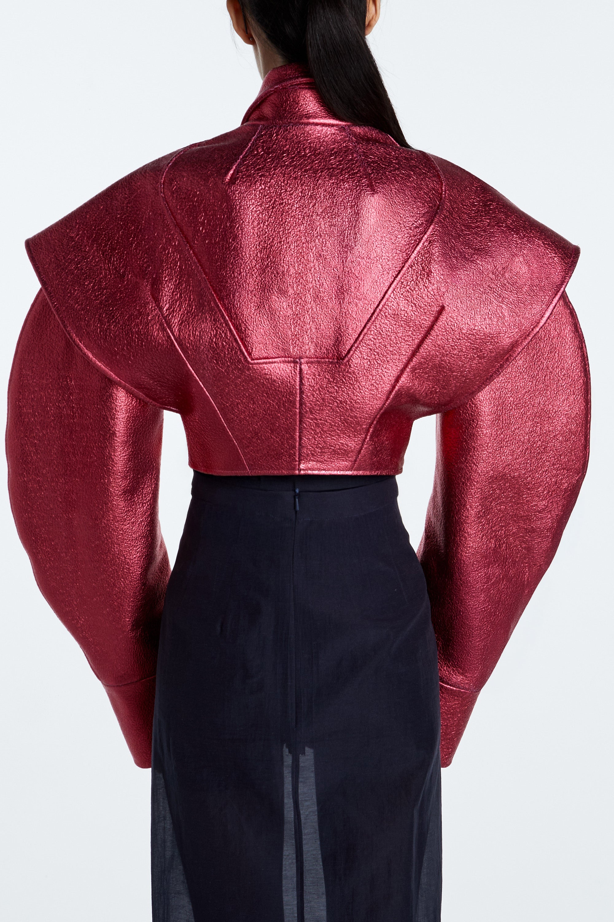 SHAO tourmaline pink cropped leather jacket with clean back construction