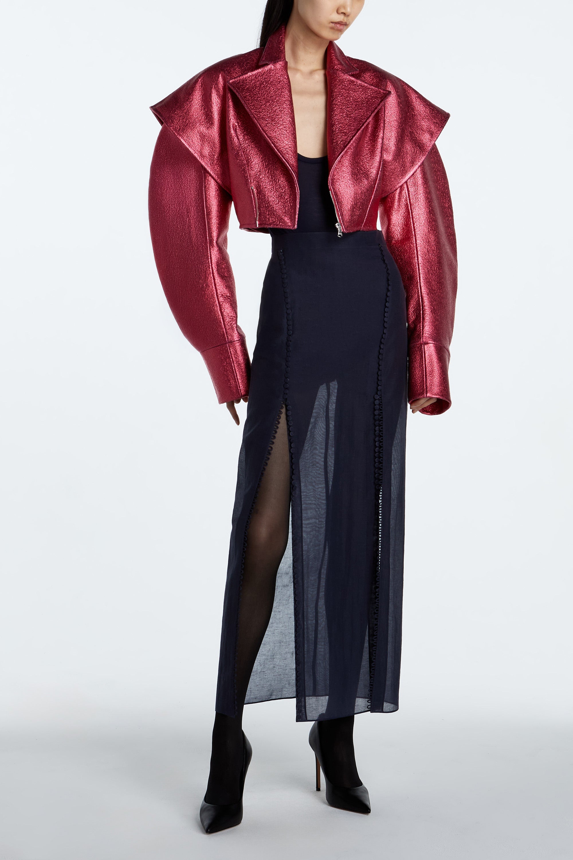 SHAO tourmaline pink cropped leather jacket with clean back construction