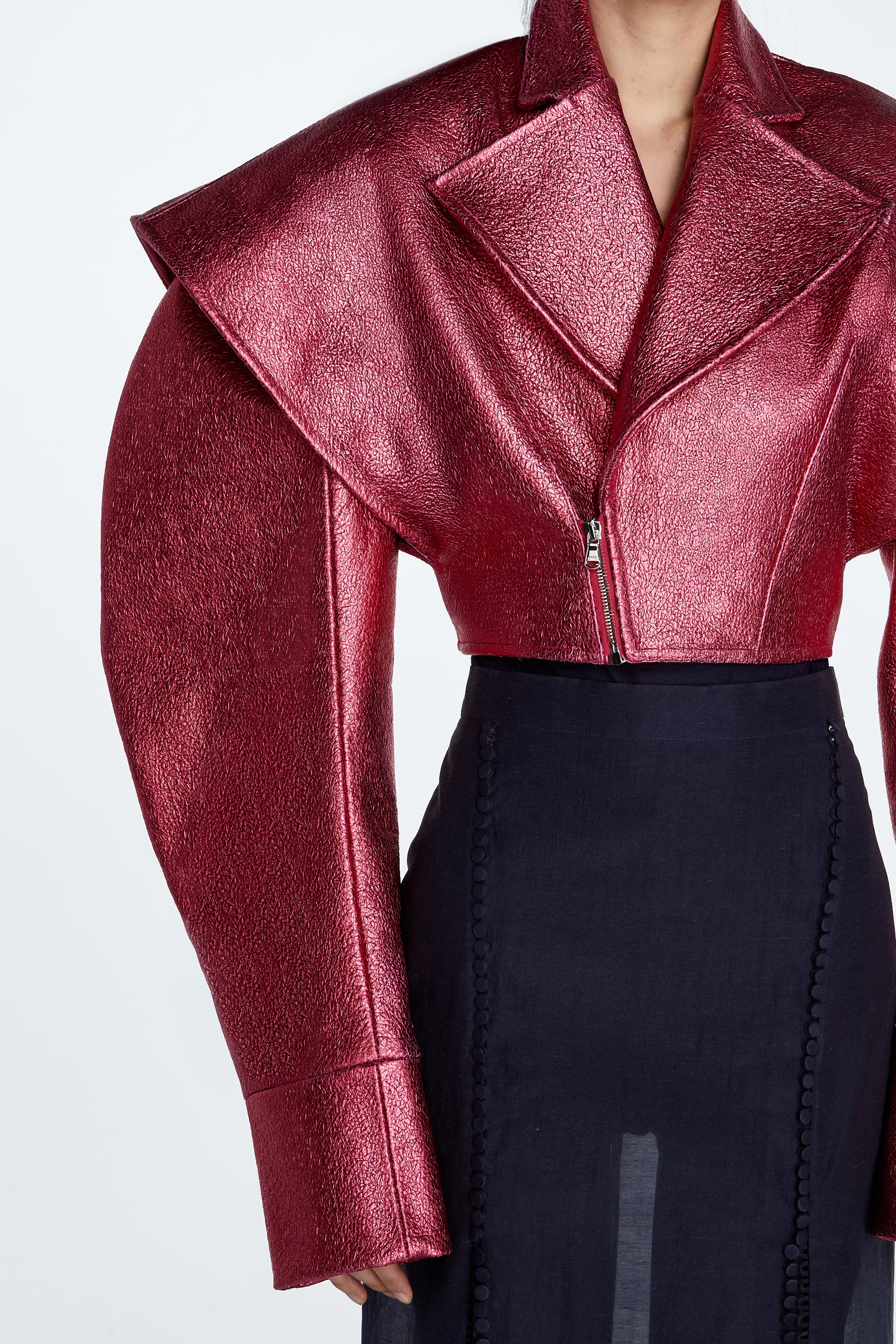 SHAO tourmaline pink cropped leather jacket with structured shoulder detail