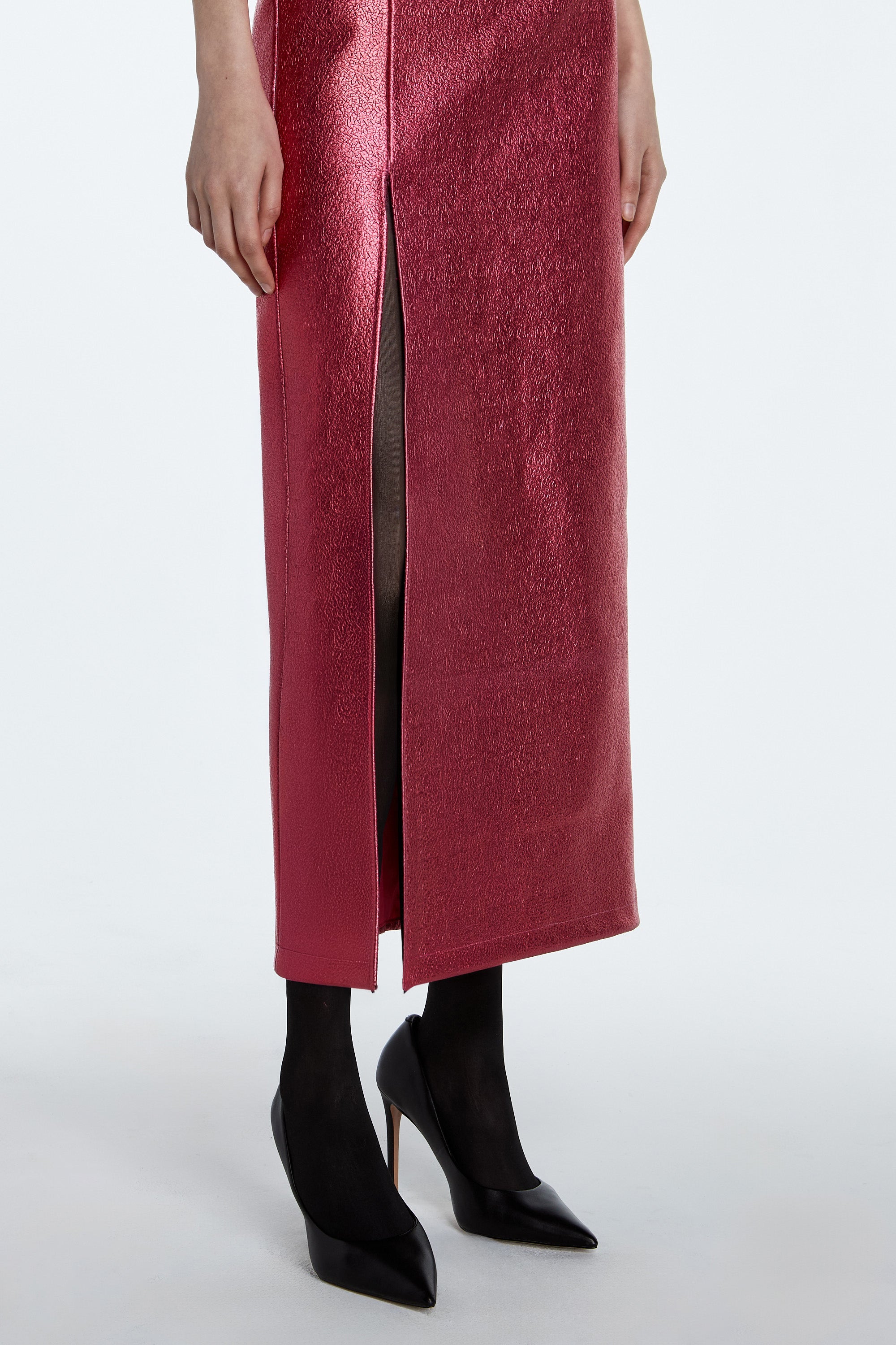 SHAO tourmaline pink leather strapless column dress with corset construction detail