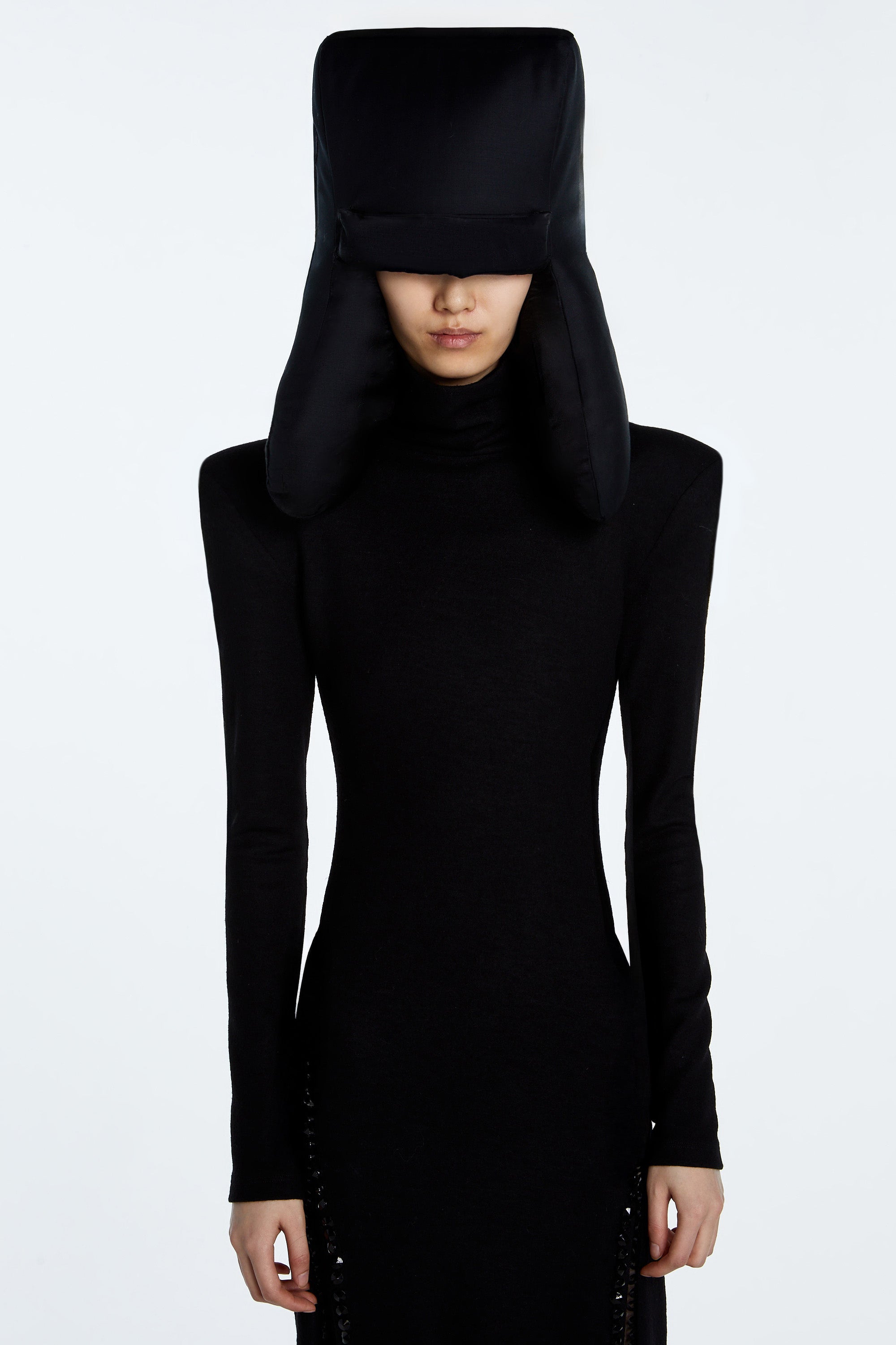 SHAO jet black padded trapper hat front