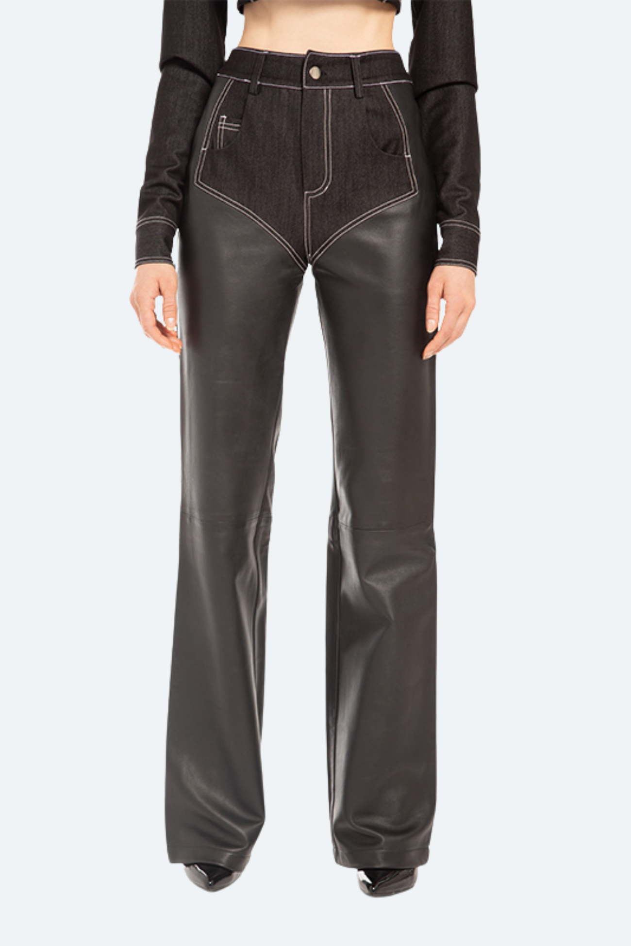 Front view of black leather wide-leg trousers with contrast white trim and relaxed straight-leg silhouette