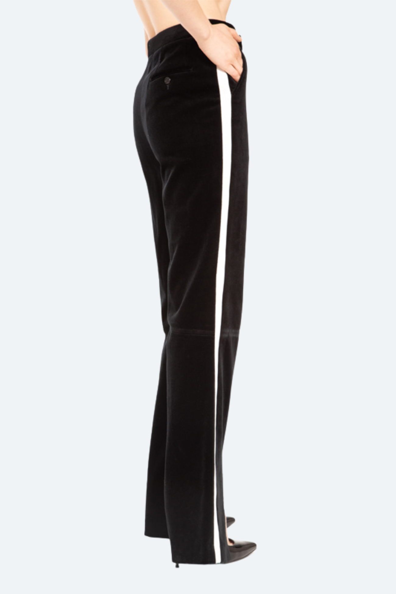 Side view of black contrast-trim slit trousers showing wide-leg drape