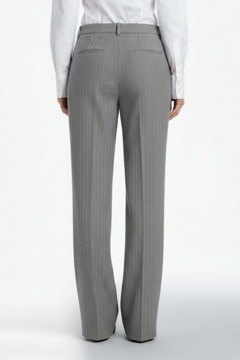 SHAO grey pinstriped wool trousers back view