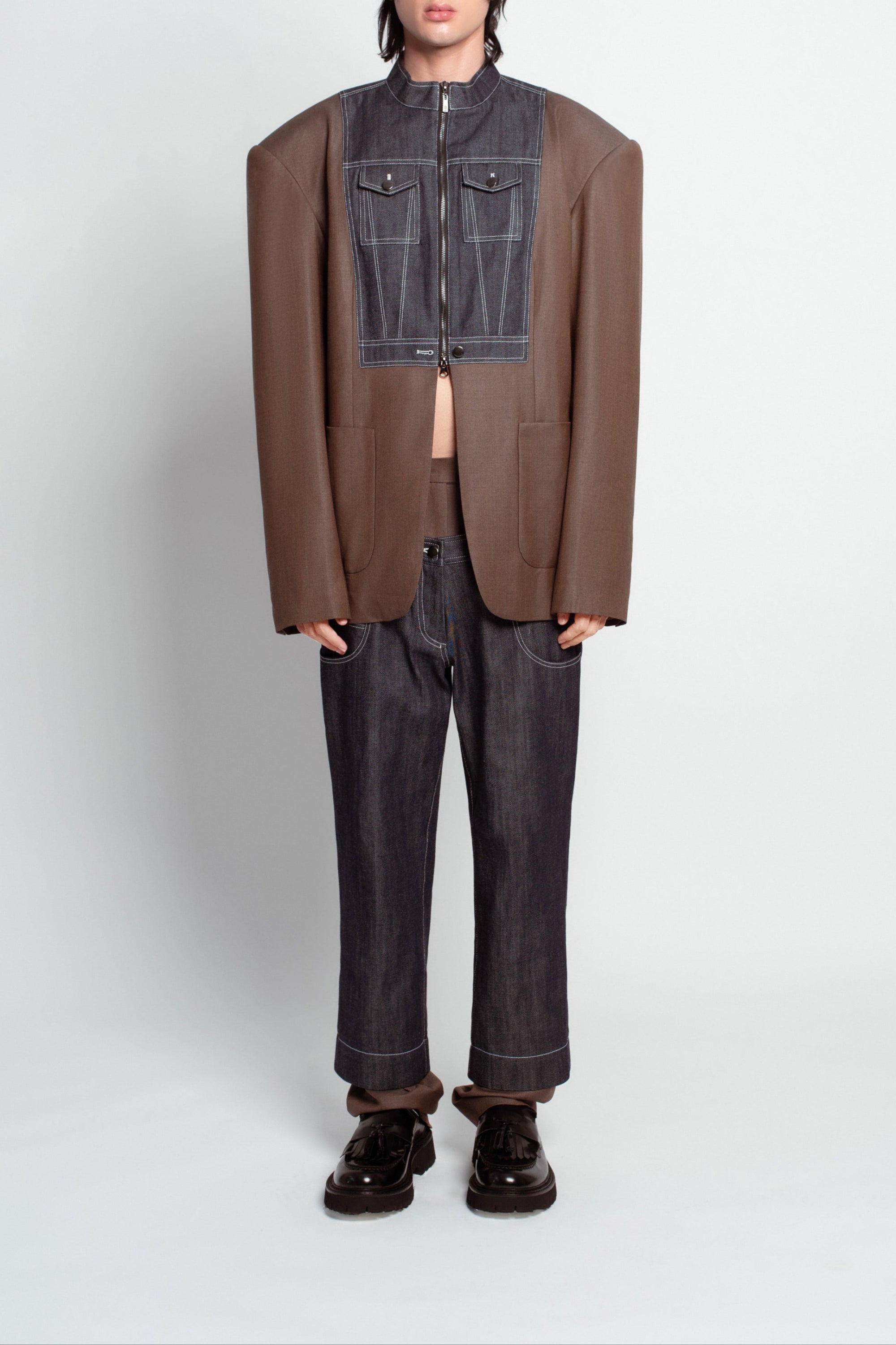 Warm brown oversized blazer with exposed denim dickie front view