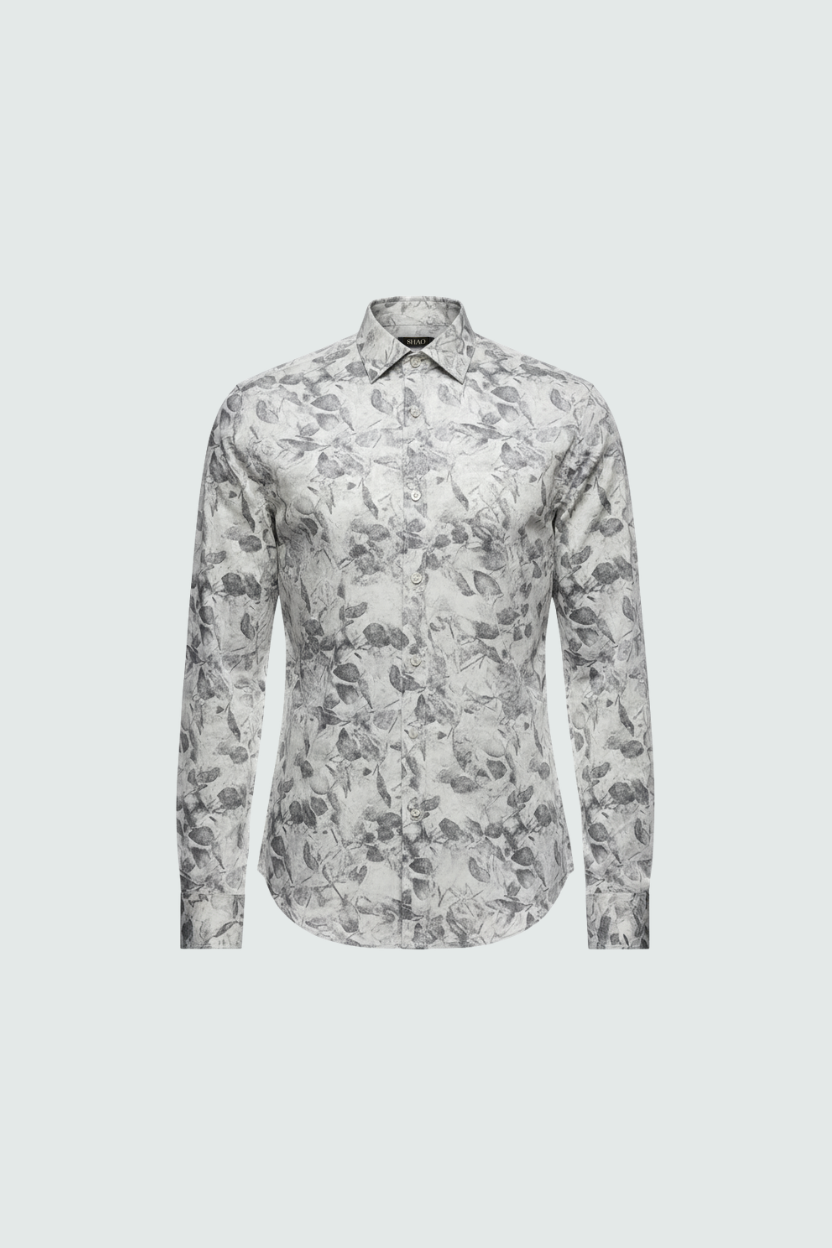 White baroque floral print long sleeve shirt front view