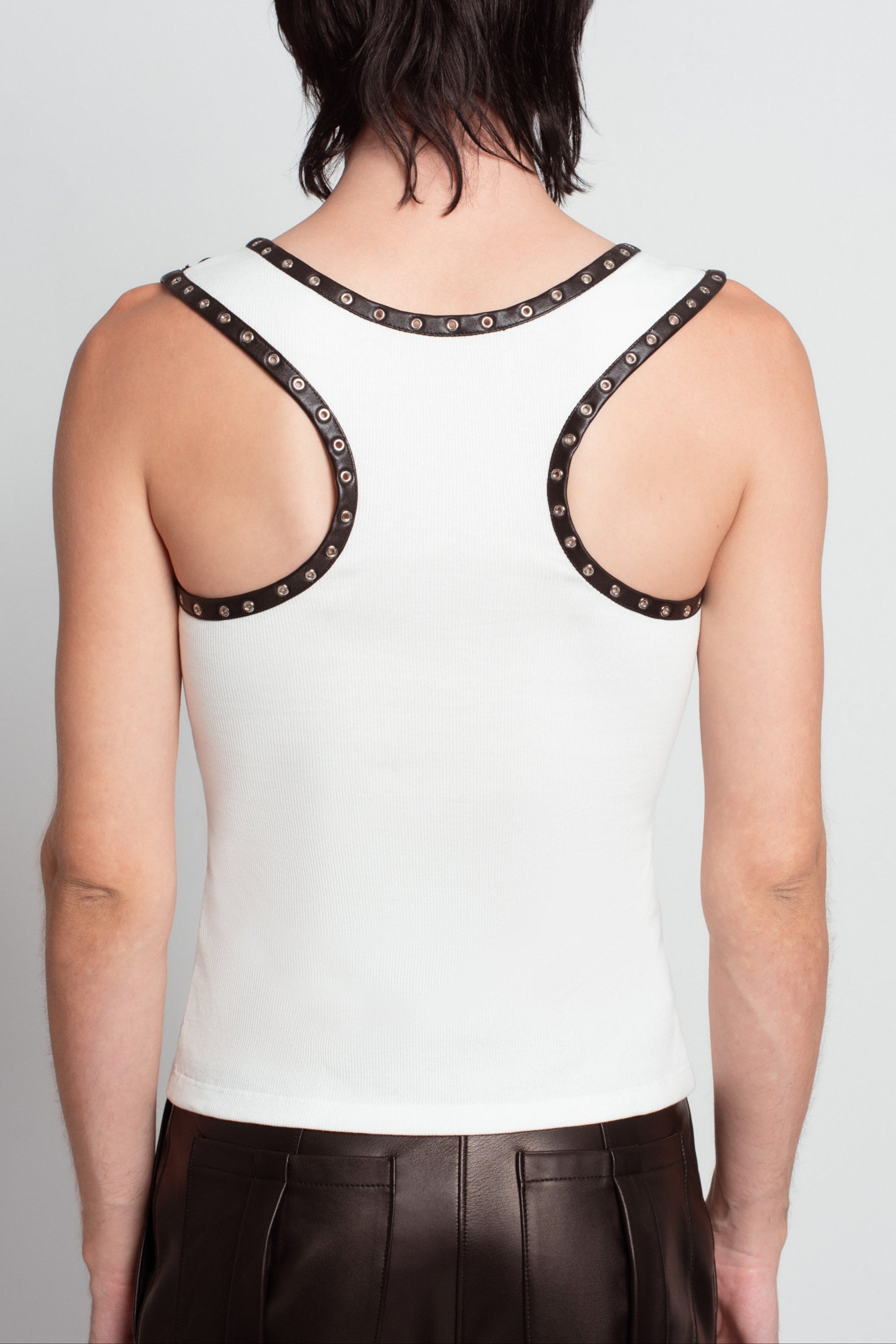 SHAO essential white fitted cotton tank back view with leather trim detail