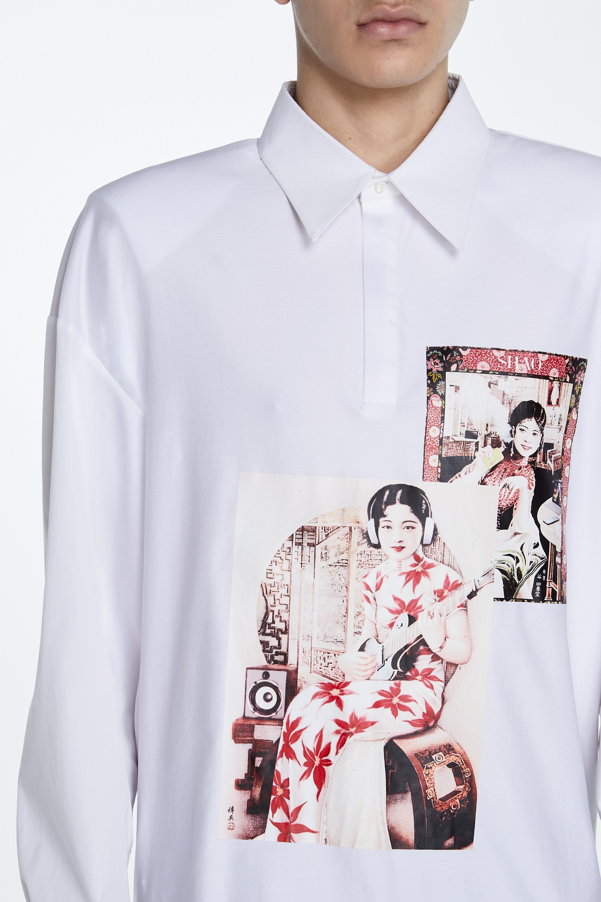SHAO white printed polo shirt with graphic panel angled view