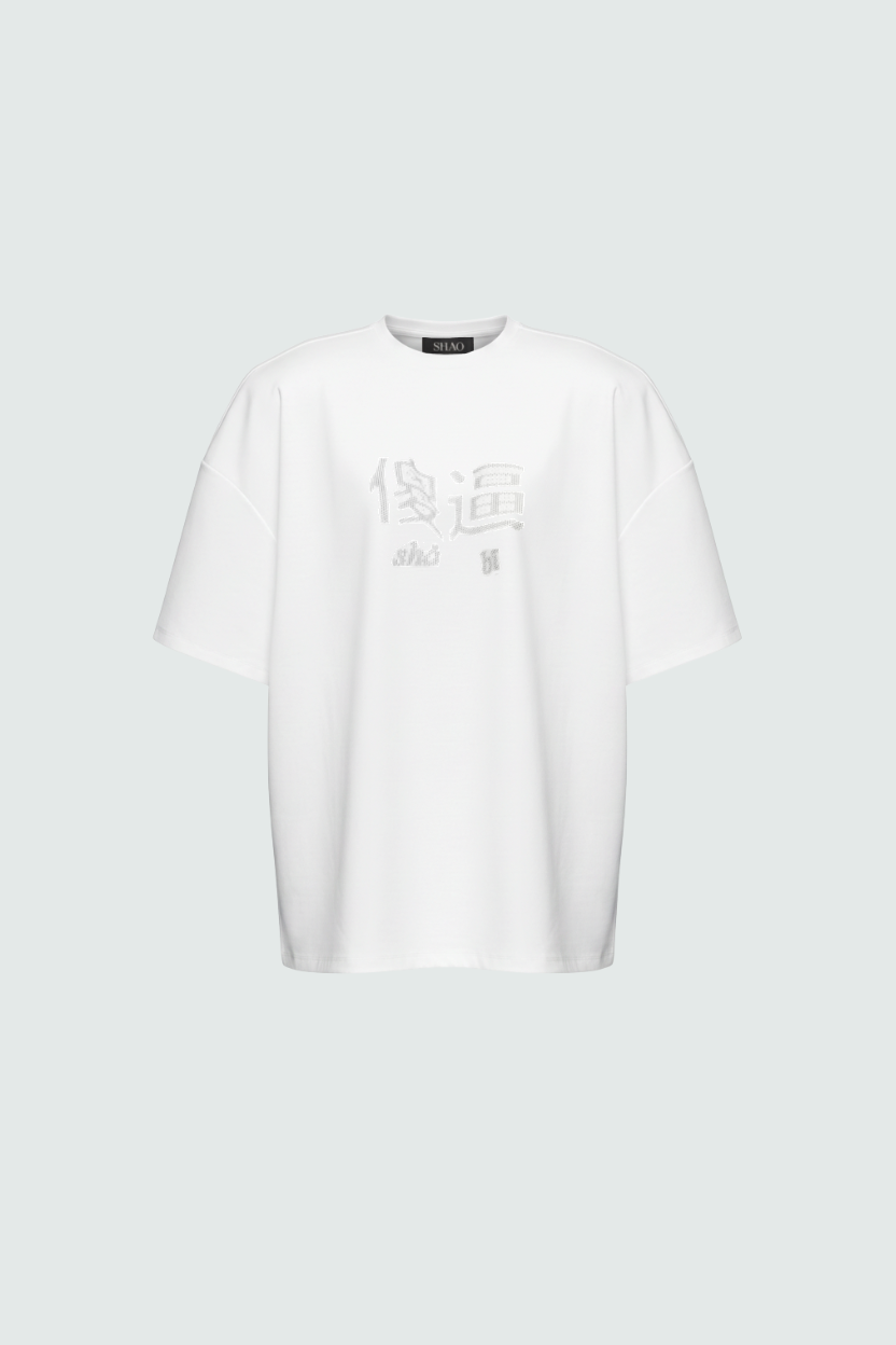 White Oversized Tee with bold Chinese graphics front view
