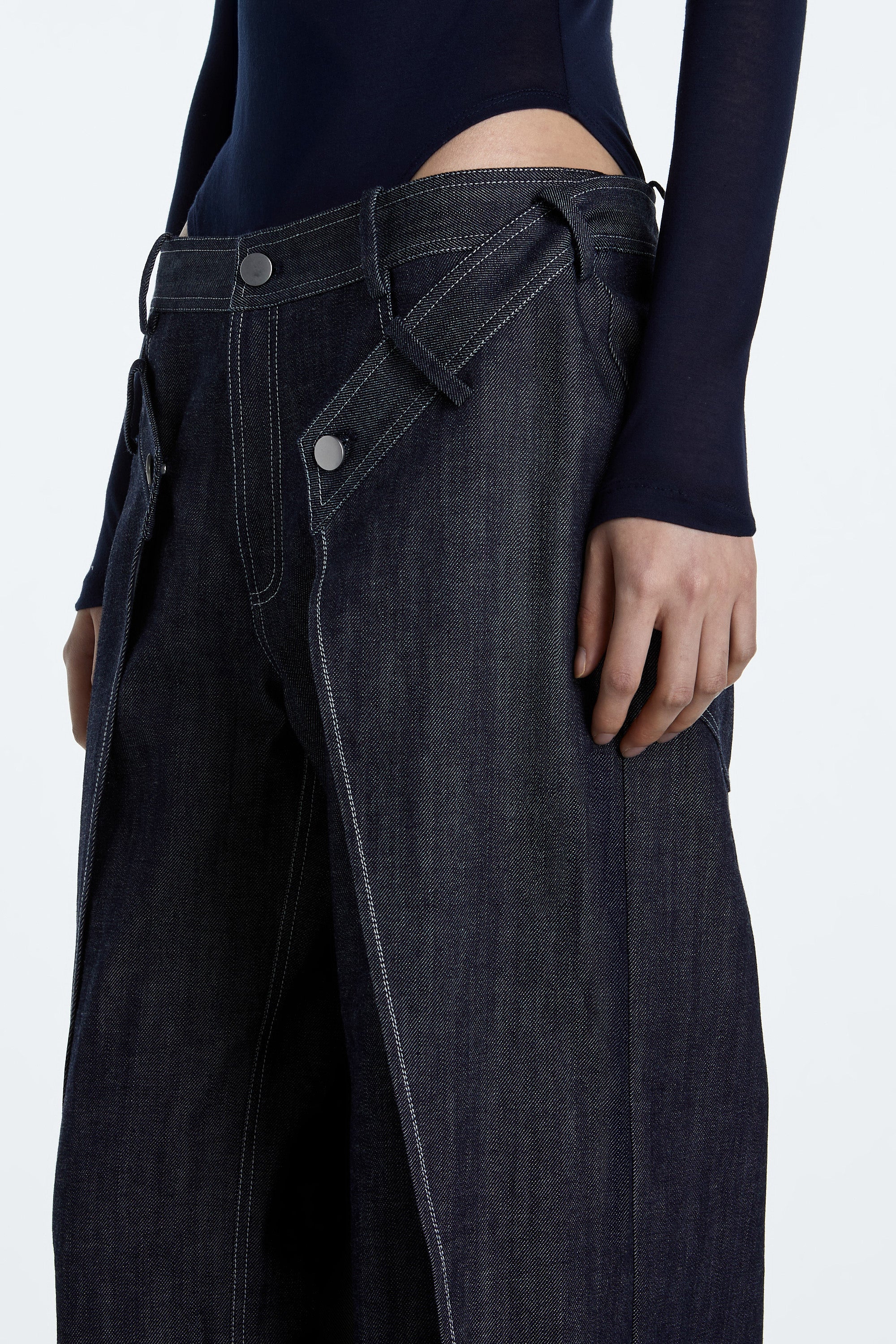 SHAO dark indigo wrap layer jeans side view