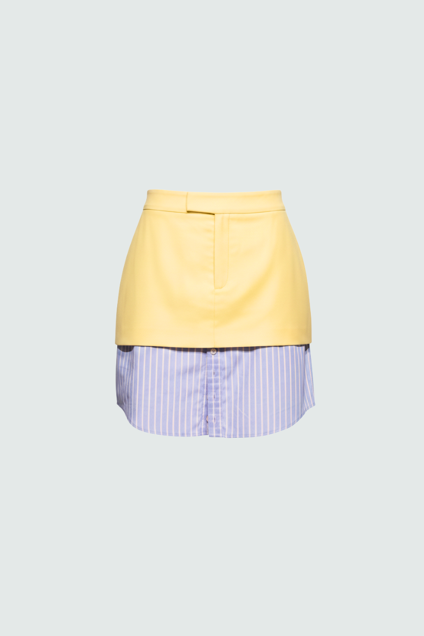 Yellow Layered Mini Skirt with Striped Underlay front view