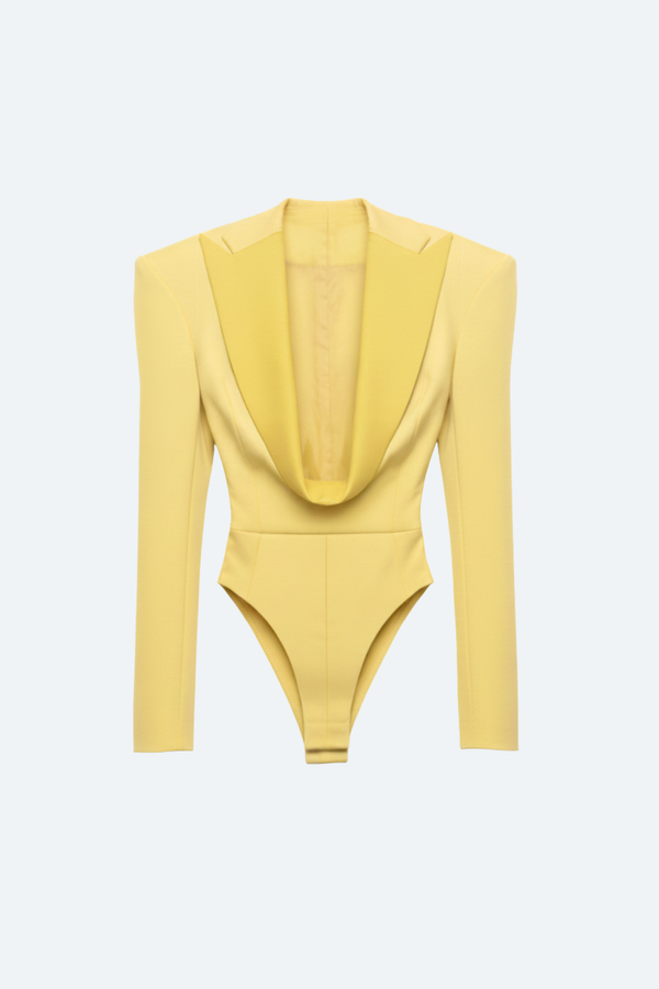 SHAO yellow draped peak lapel suited bodysuit with sculptural shoulders back view