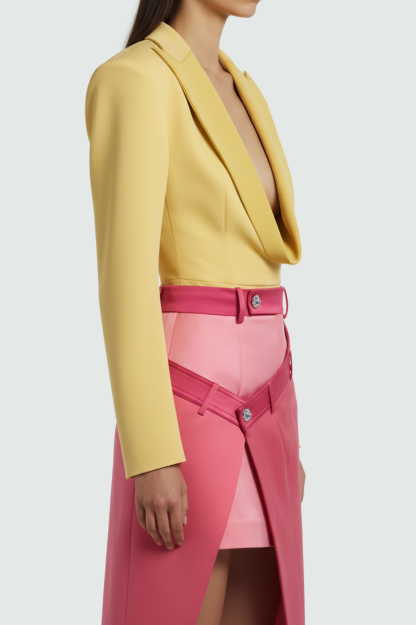 SHAO yellow draped peak lapel suited bodysuit with sculptural shoulders side view