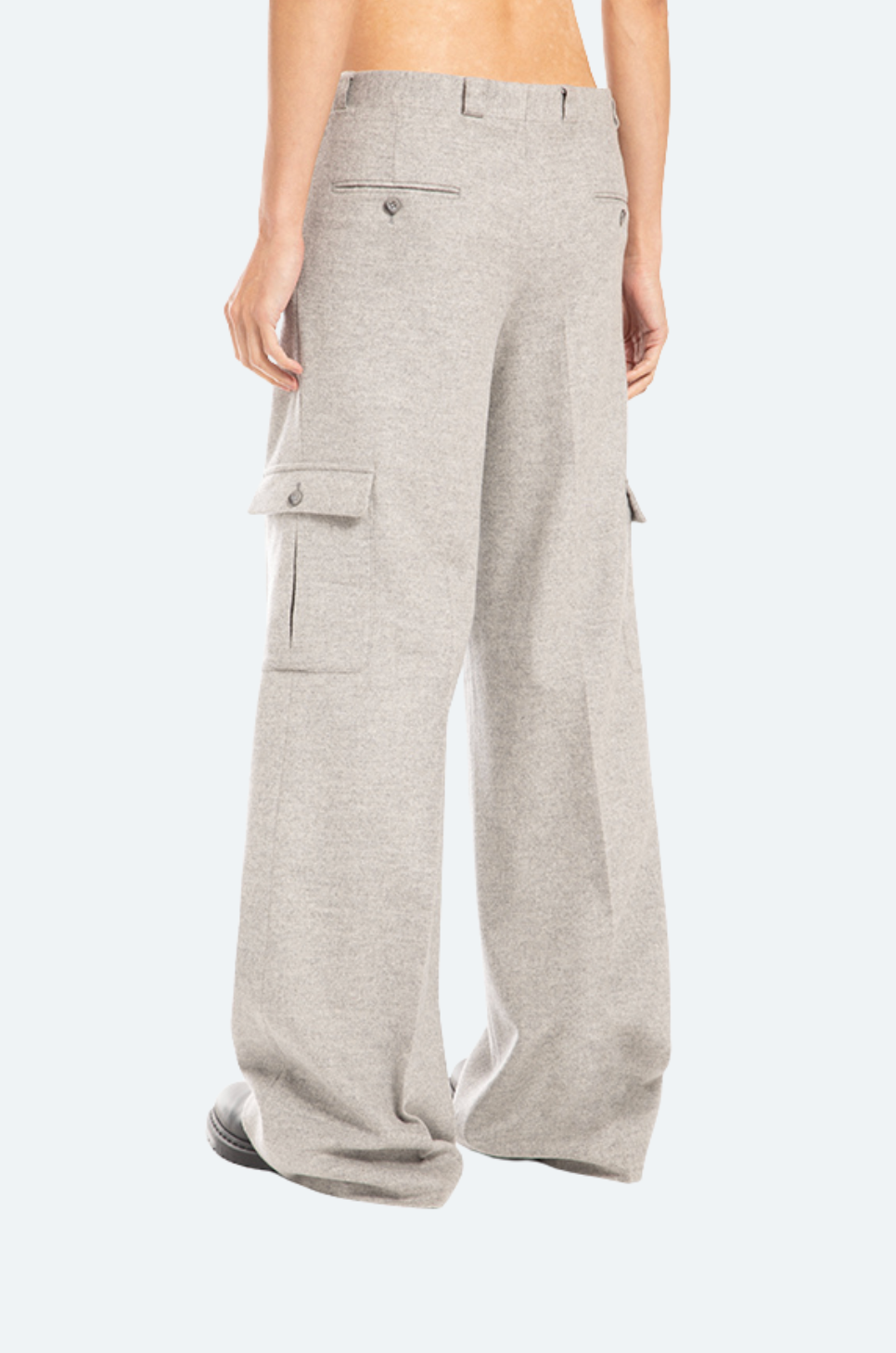 SHAO grey wool flannel wide-leg cargo trouser back view