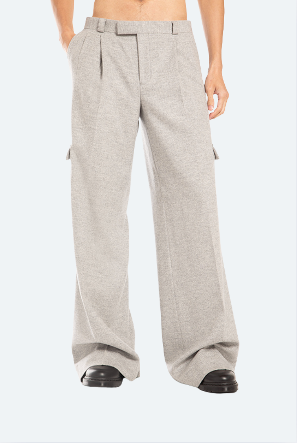 SHAO grey wool flannel wide-leg cargo trouser front view