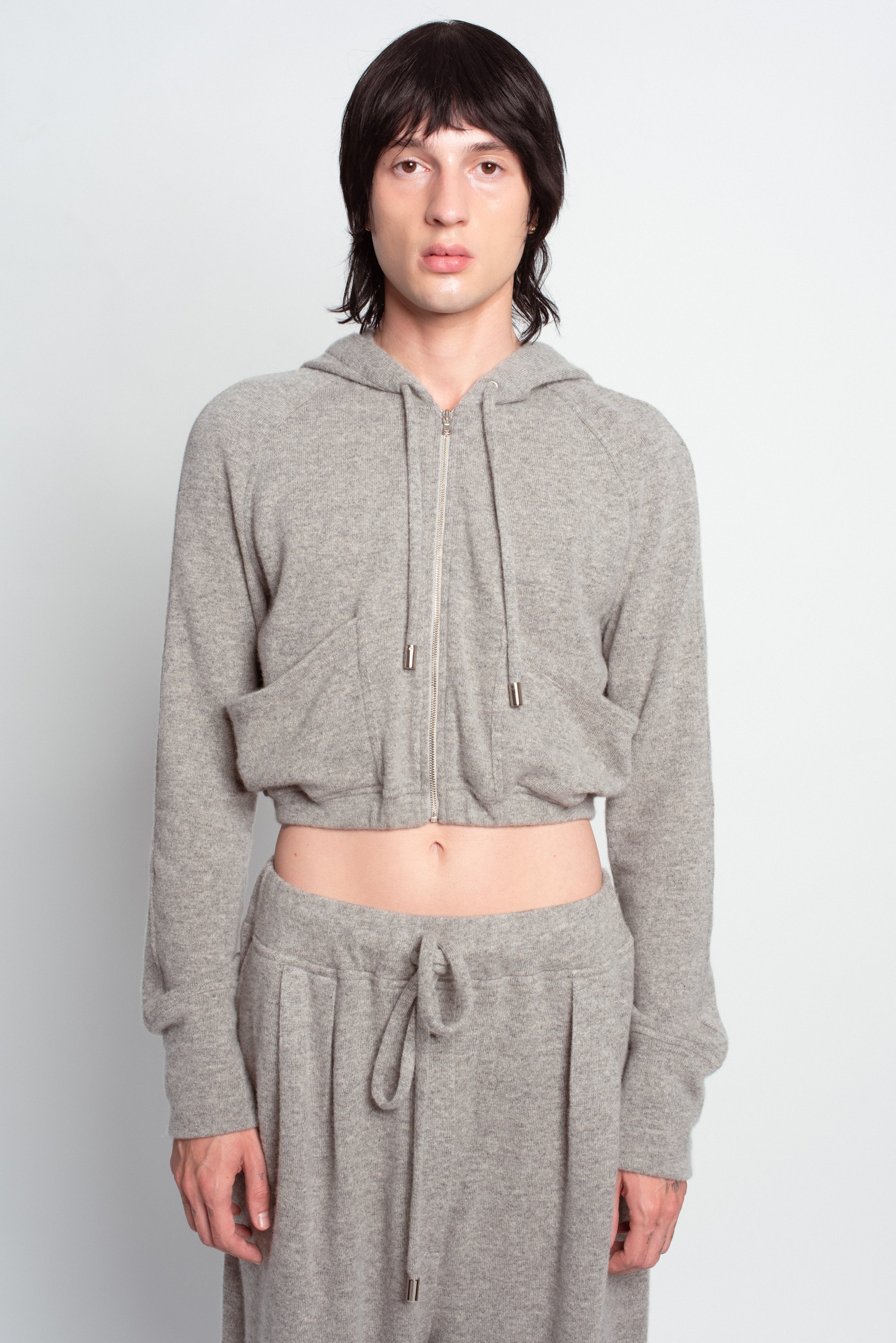 Grey Cropped Cashmere Hoodie