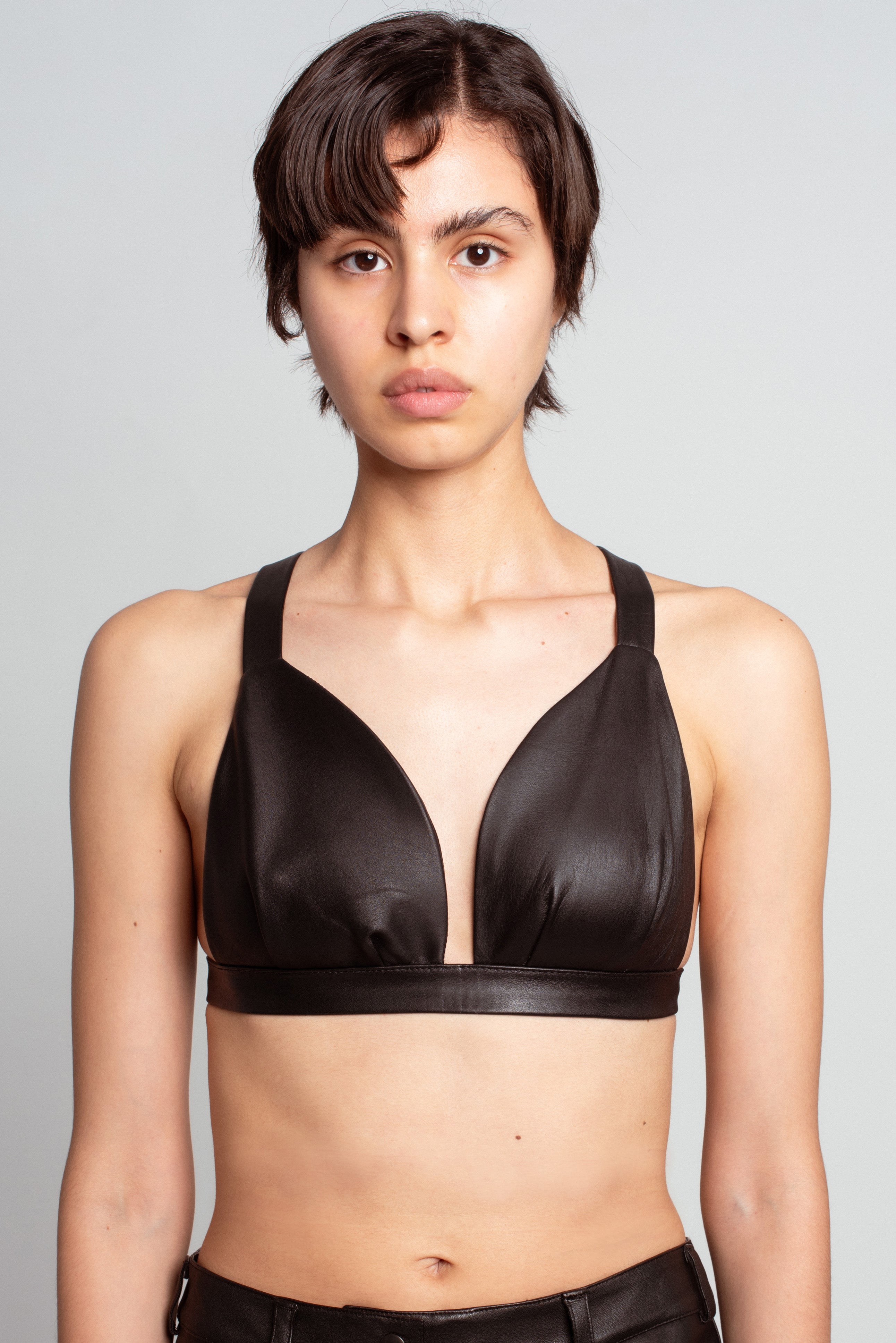 Black Leather Cross-Back Bra Top