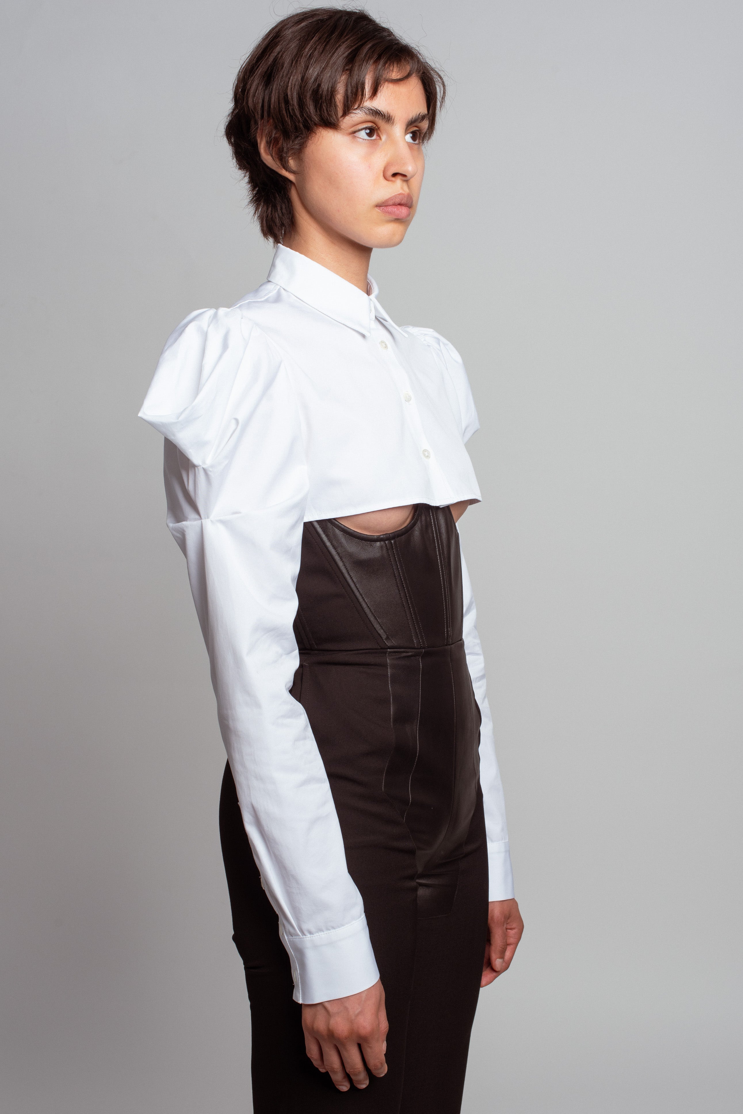 White Cropped Puff Sleeve Shirt