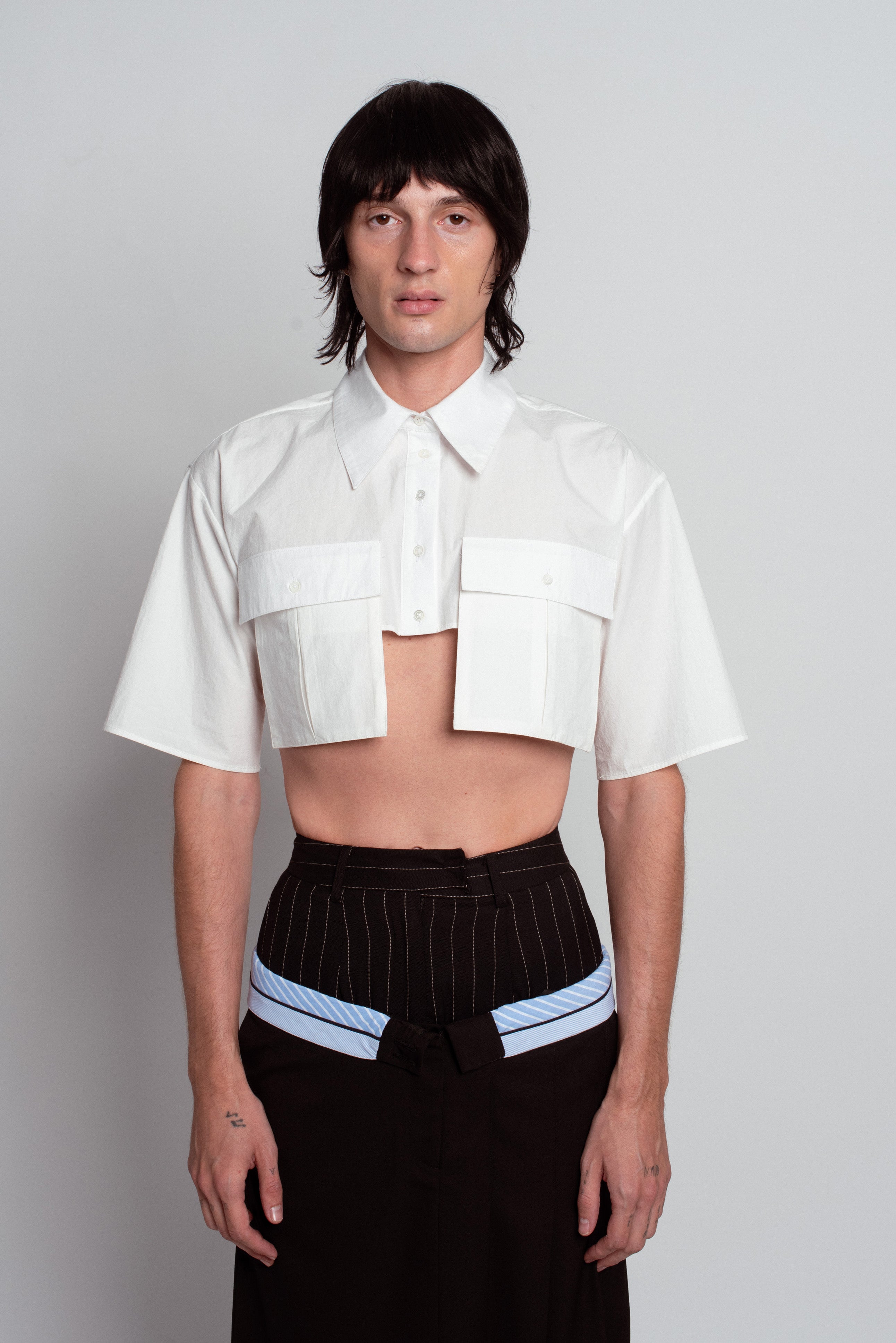 White Cropped Utility Shirt