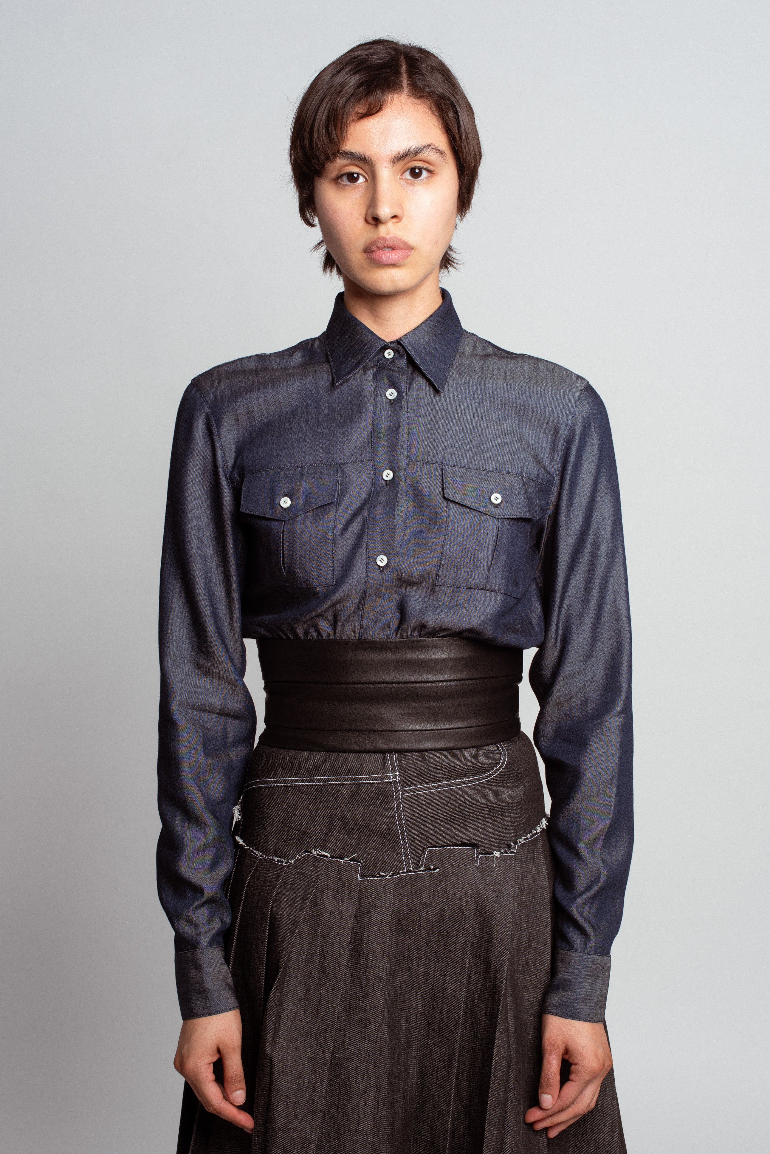 Midnight Blue Shirt with Leather Waistband