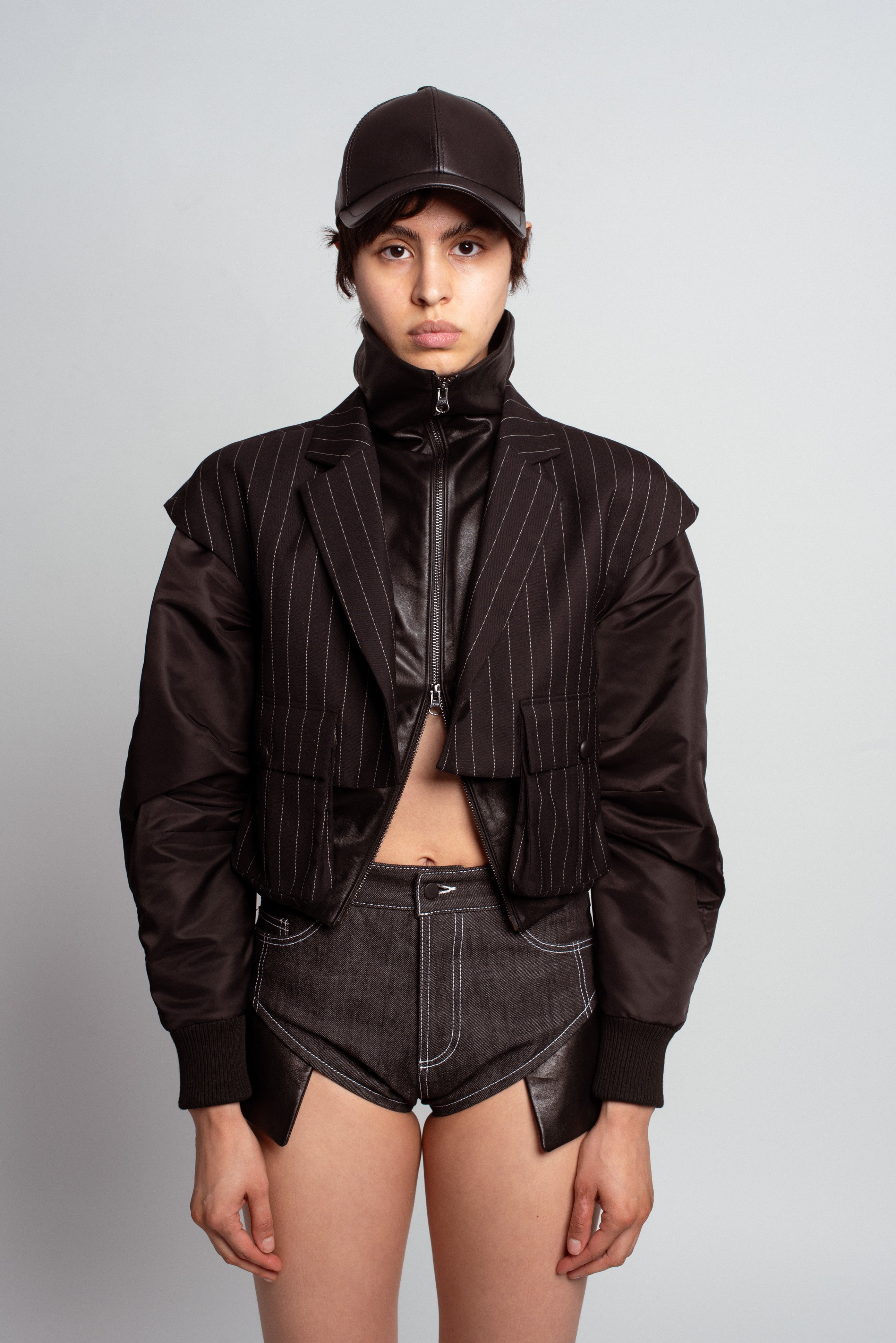 Black Denim Leather Panel Shorts