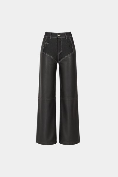 Black Contrast-Trim Leather Wide-Leg Trousers