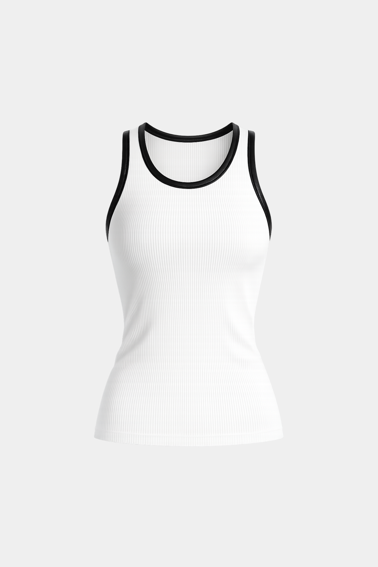 White tank top with black trim on a white background