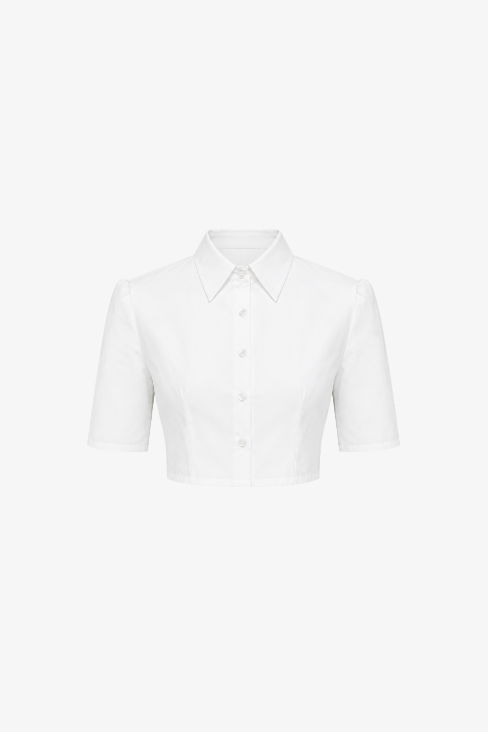 Black Cropped Shirt in crisp white fabric, featuring a classic pointed collar and short sleeves with subtle puff details, embodying refined luxury designer fashion and bespoke tailoring.