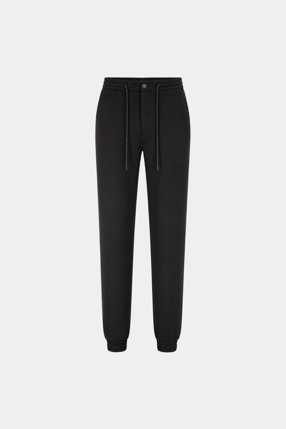 Black Wool Tailored Jogger featuring a sleek tapered fit with elasticated cuffs and a drawstring waist, blending SHAO New York bespoke tailoring with modern luxury and a sculptural silhouette.