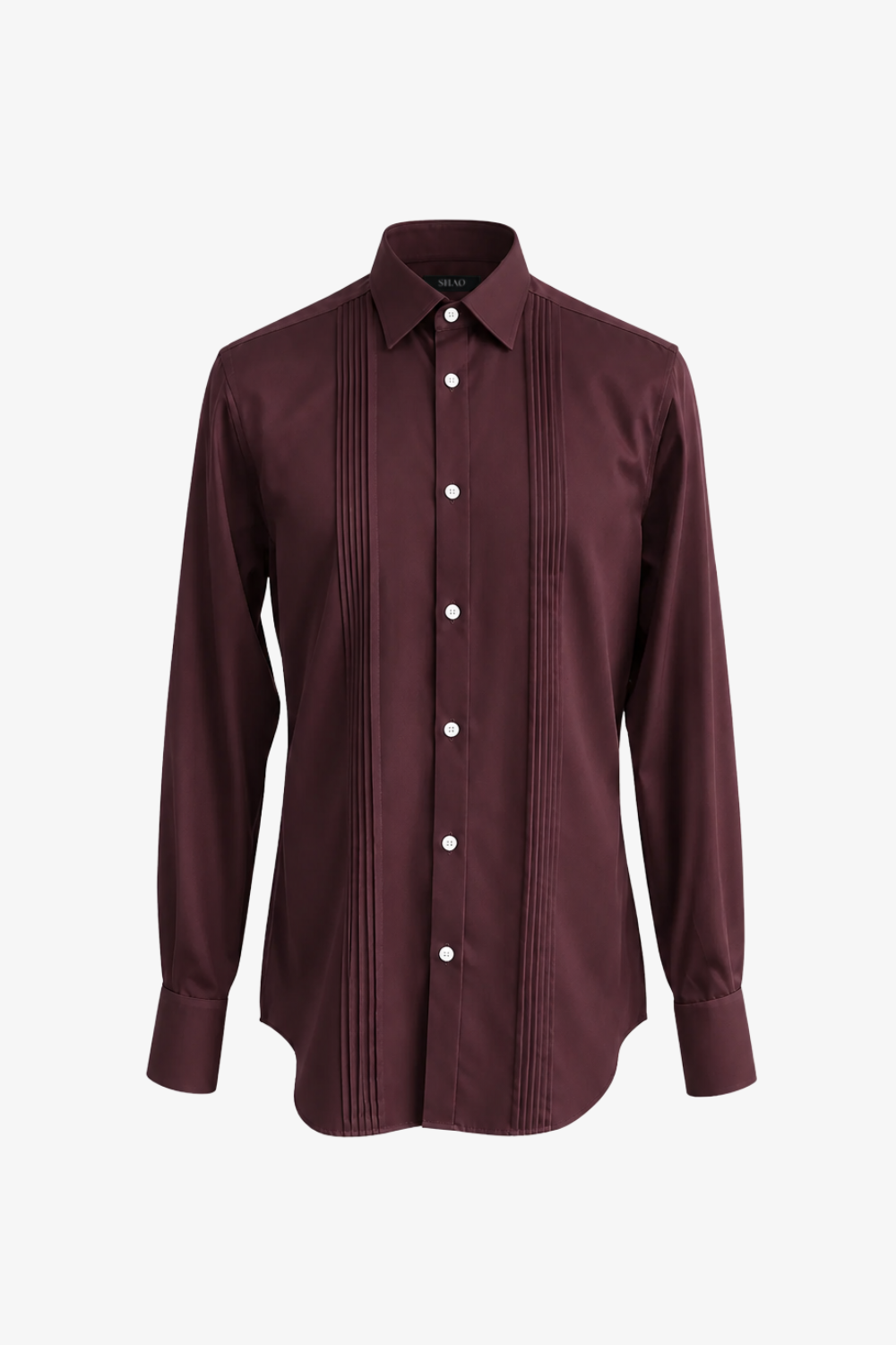 Burgundy Tailored Tuxedo Shirt featuring vertical pleated detailing, sharp collar, and polished buttons, exemplifying SHAO New York’s luxury bespoke tailoring and sculptural silhouette.