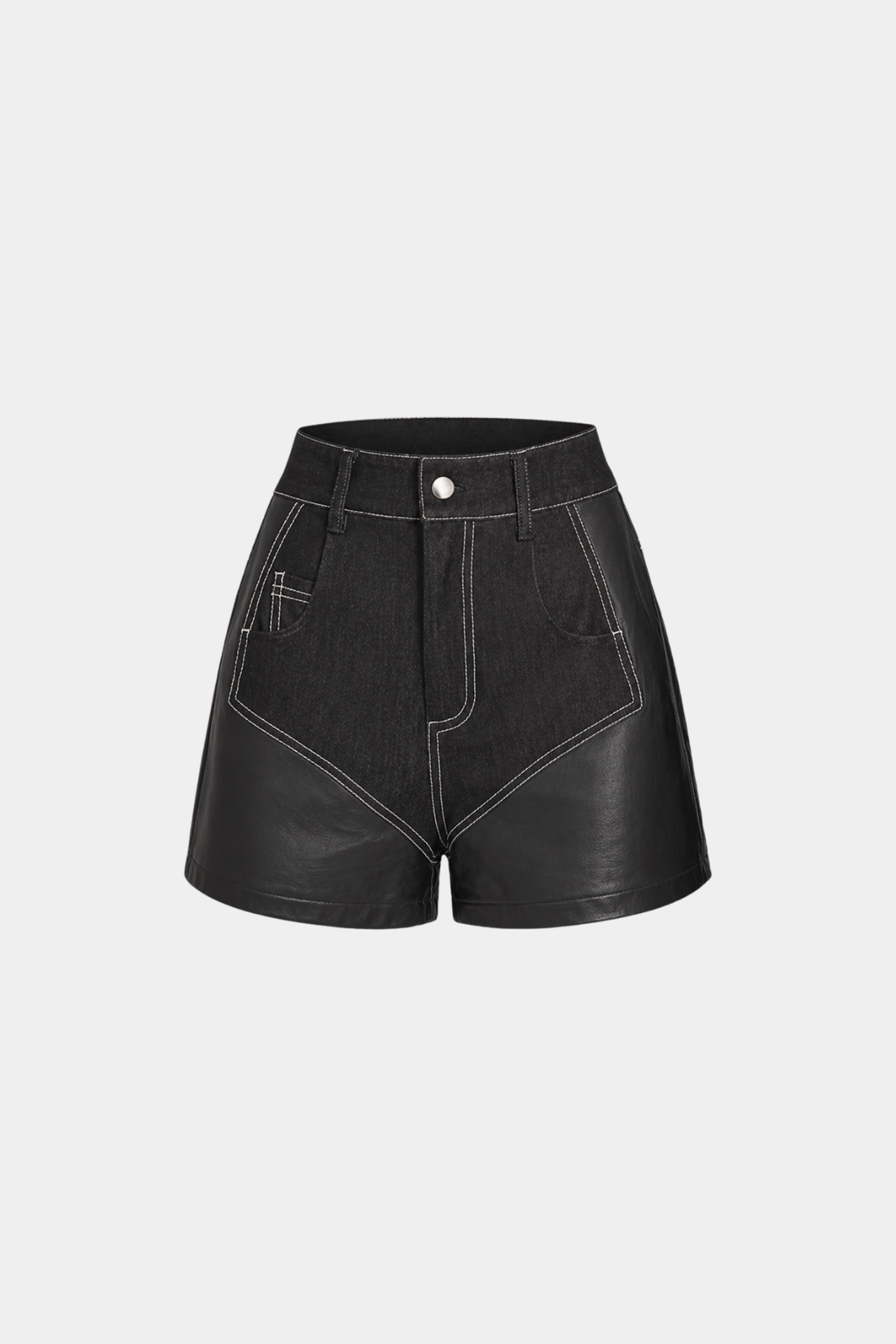 Denim High-Waist Shorts featuring a high-rise silhouette with contrast white stitching, combining textured black denim and smooth leather panels for a modern, tailored look inspired by SHAO New York’s luxury designer fashion.