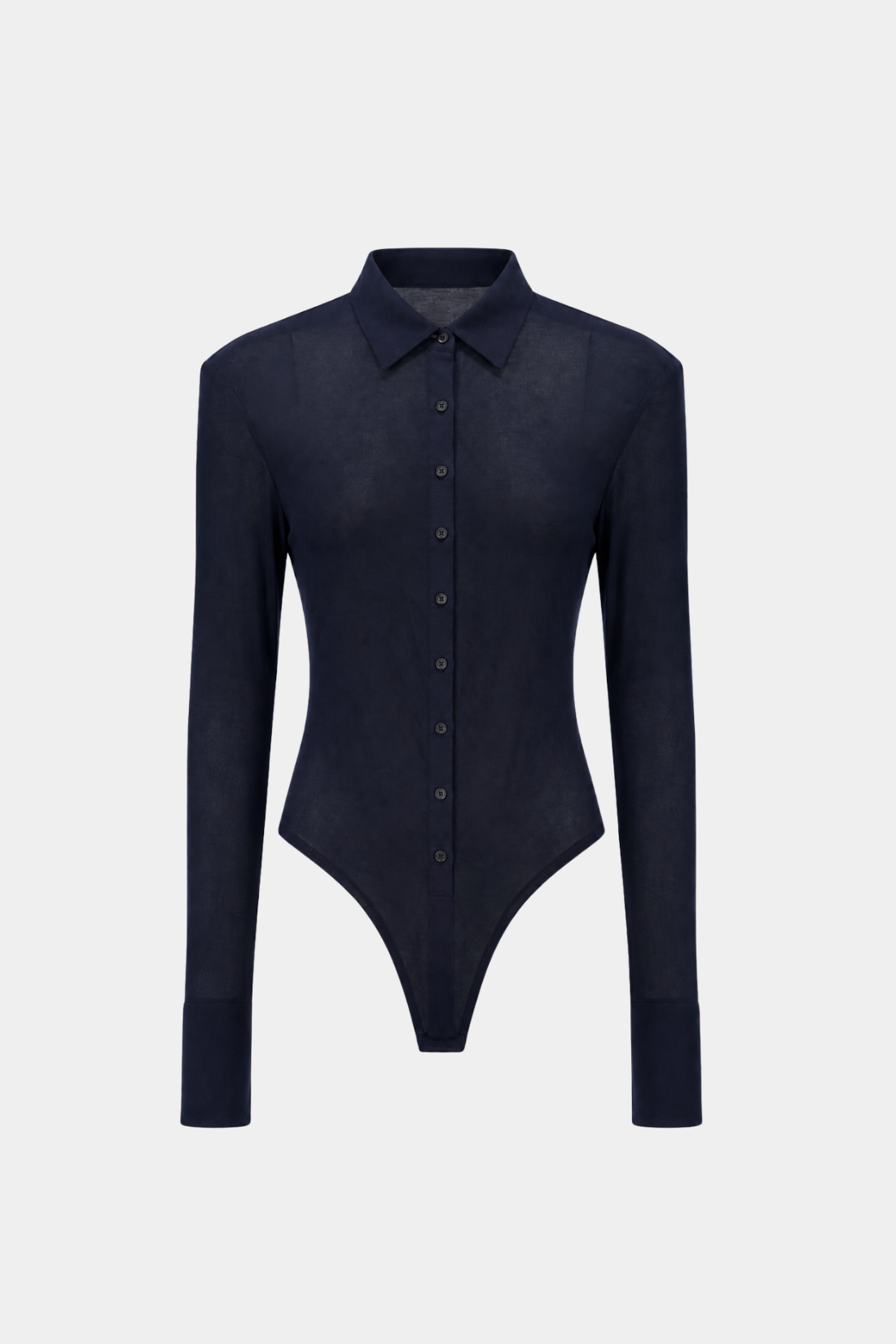 Front view of Navy Shirt Bodysuit – Structured Shoulder Construction with a tailored fit, sharp collar, long sleeves, and crisp button-down design showcasing SHAO New York bespoke tailoring and luxury designer fashion.